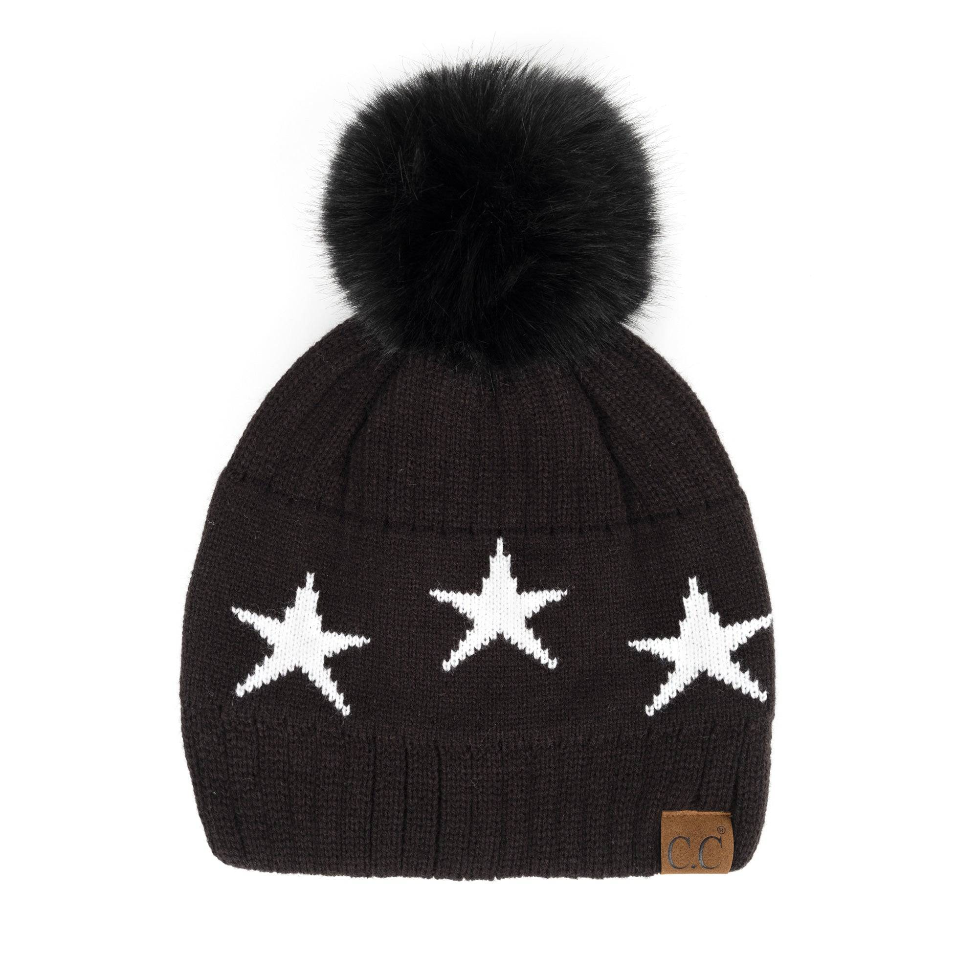 CC Beanie featuring a luxurious faux fur pom and trendy star pattern, perfect for stylish winter wear.