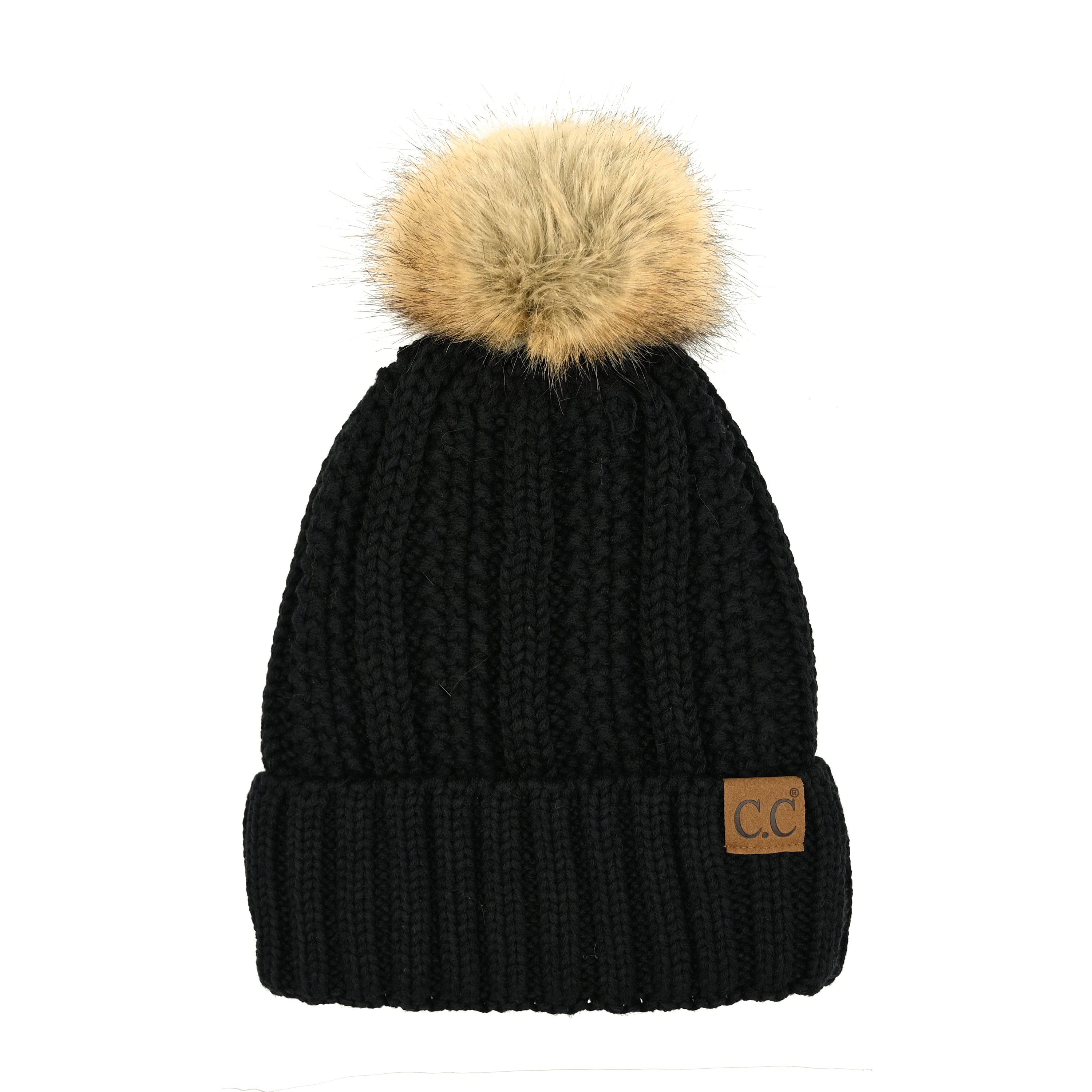 CC Bold Pom Accented Beanie with faux fur pom, cozy fleece lining, and authentic C.C.® branding, suitable for kids and adults.