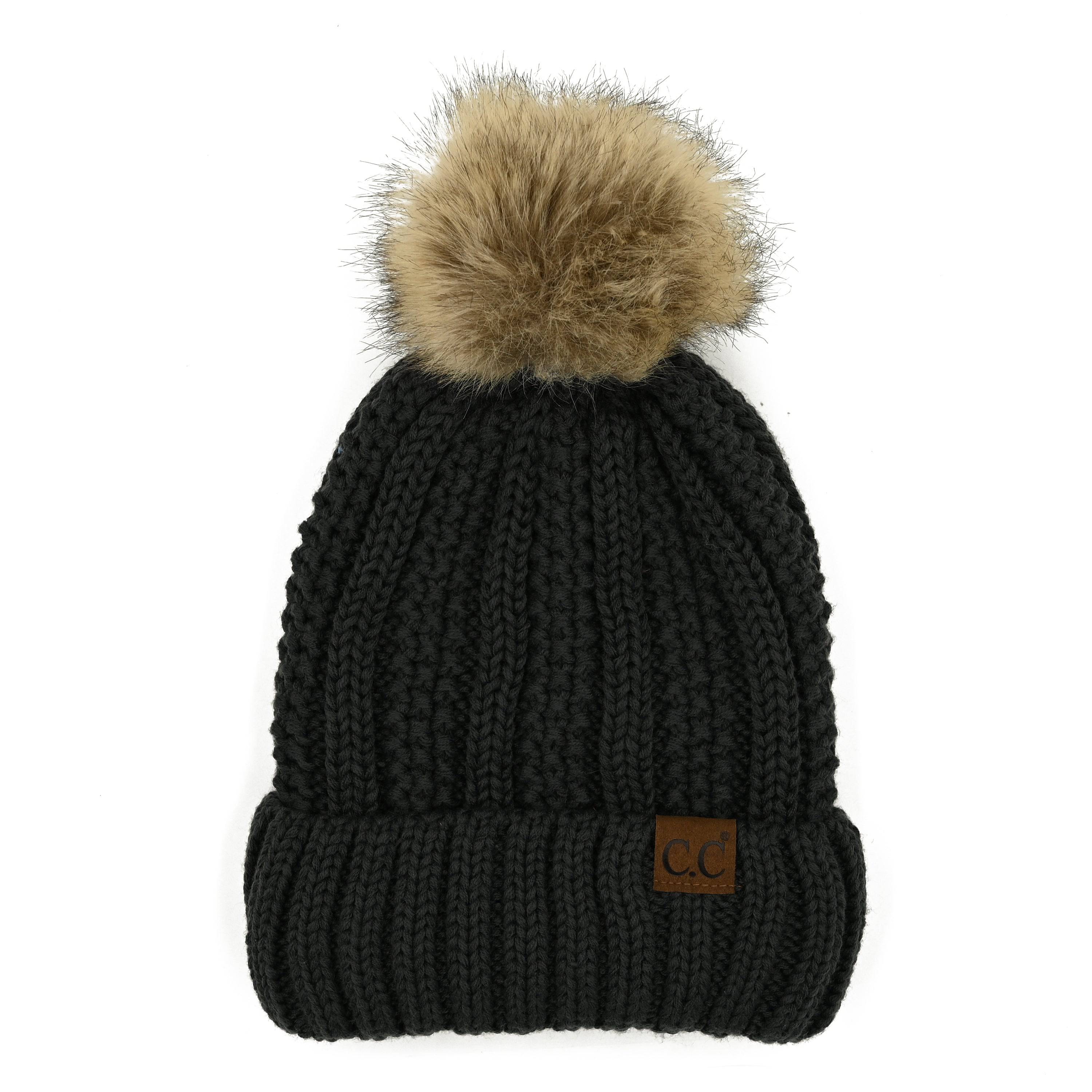 CC Bold Pom Accented Beanie with faux fur pom, cozy fleece lining, and authentic C.C.® branding, suitable for kids and adults.