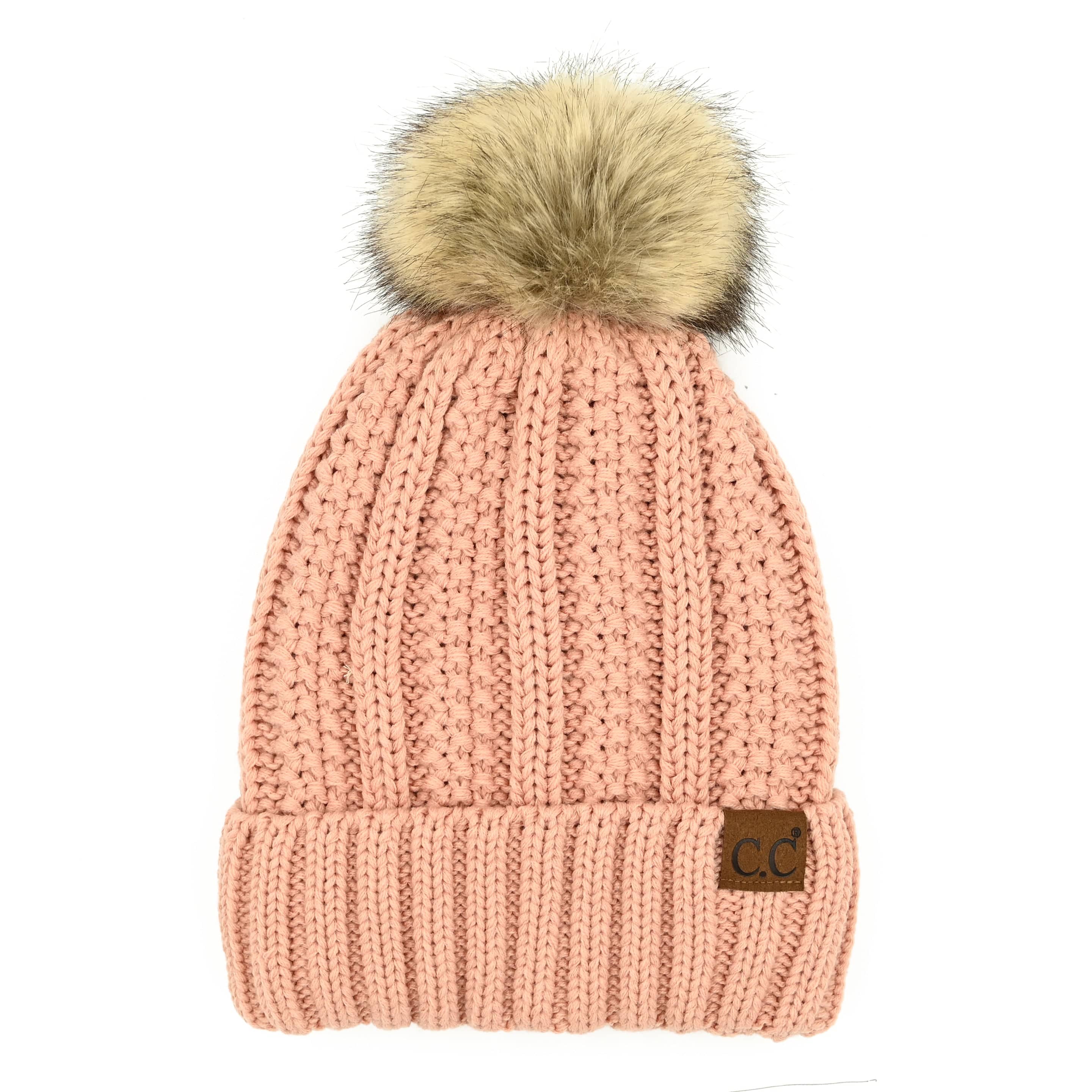 CC Bold Pom Accented Beanie with faux fur pom, cozy fleece lining, and authentic C.C.® branding, suitable for kids and adults.