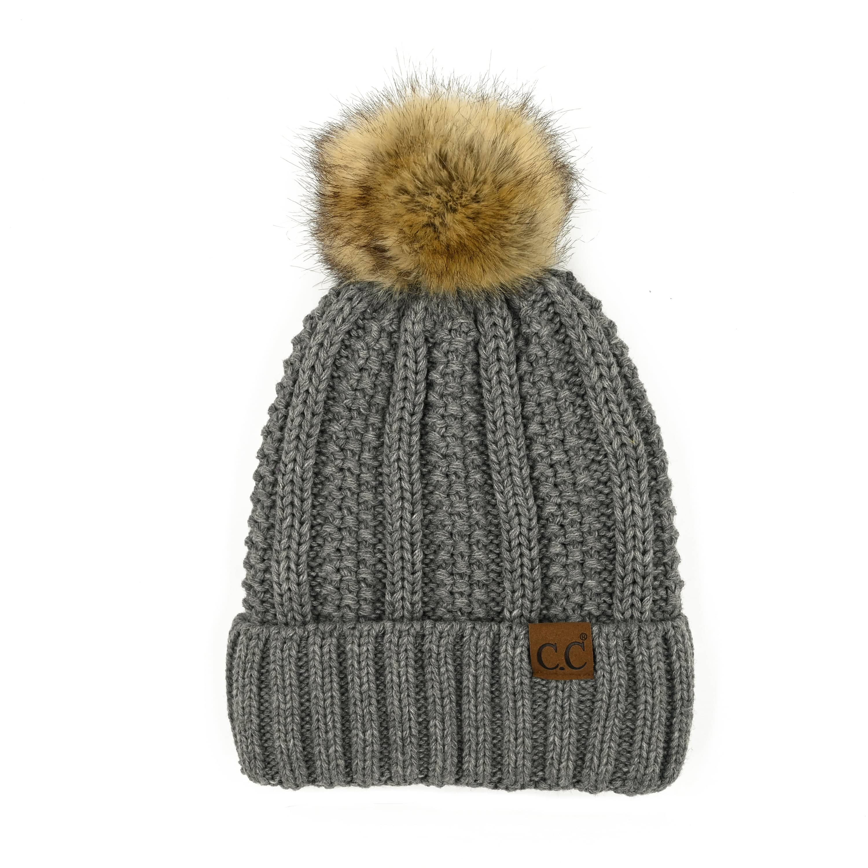 CC Bold Pom Accented Beanie with faux fur pom, cozy fleece lining, and authentic C.C.® branding, suitable for kids and adults.