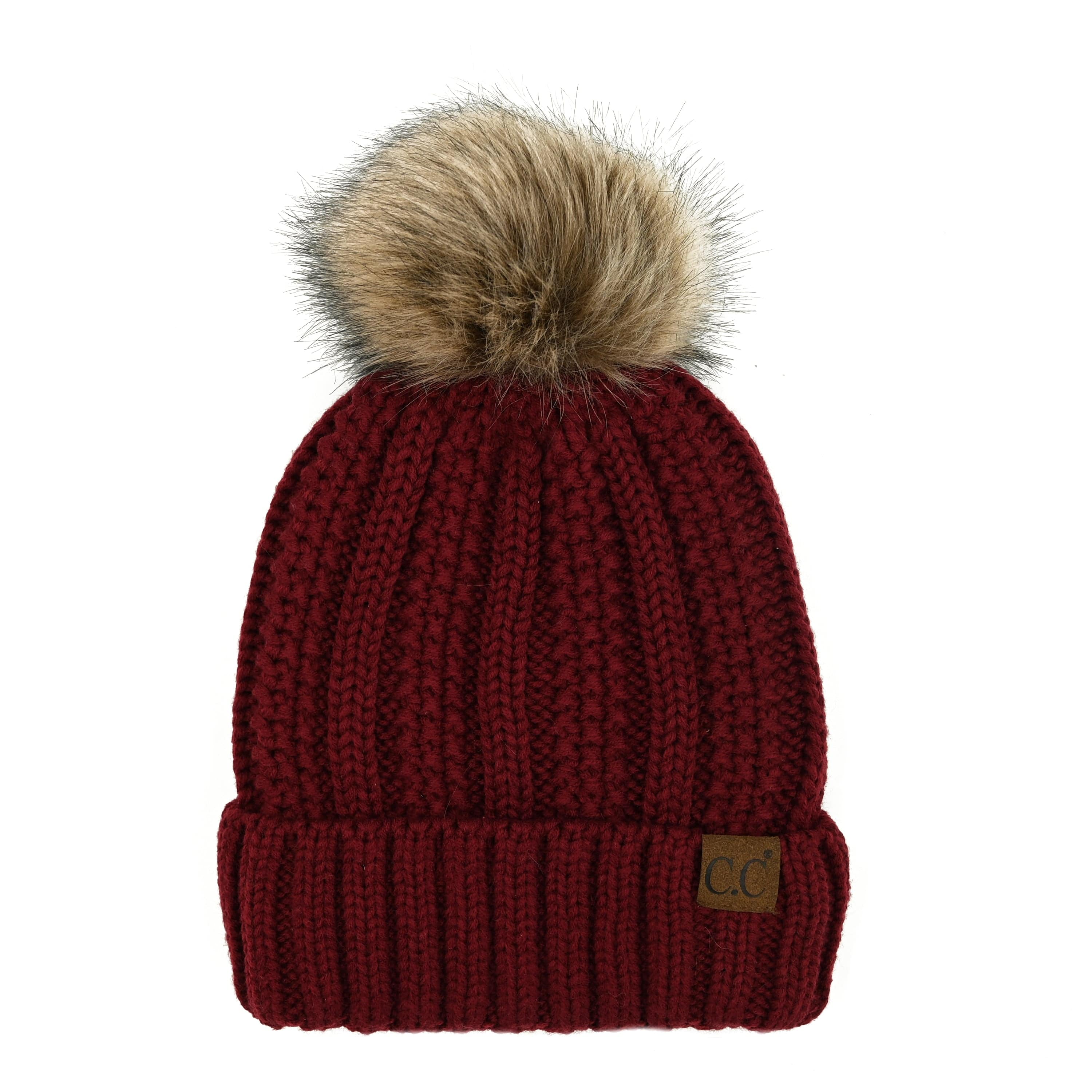CC Bold Pom Accented Beanie with faux fur pom, cozy fleece lining, and authentic C.C.® branding, suitable for kids and adults.
