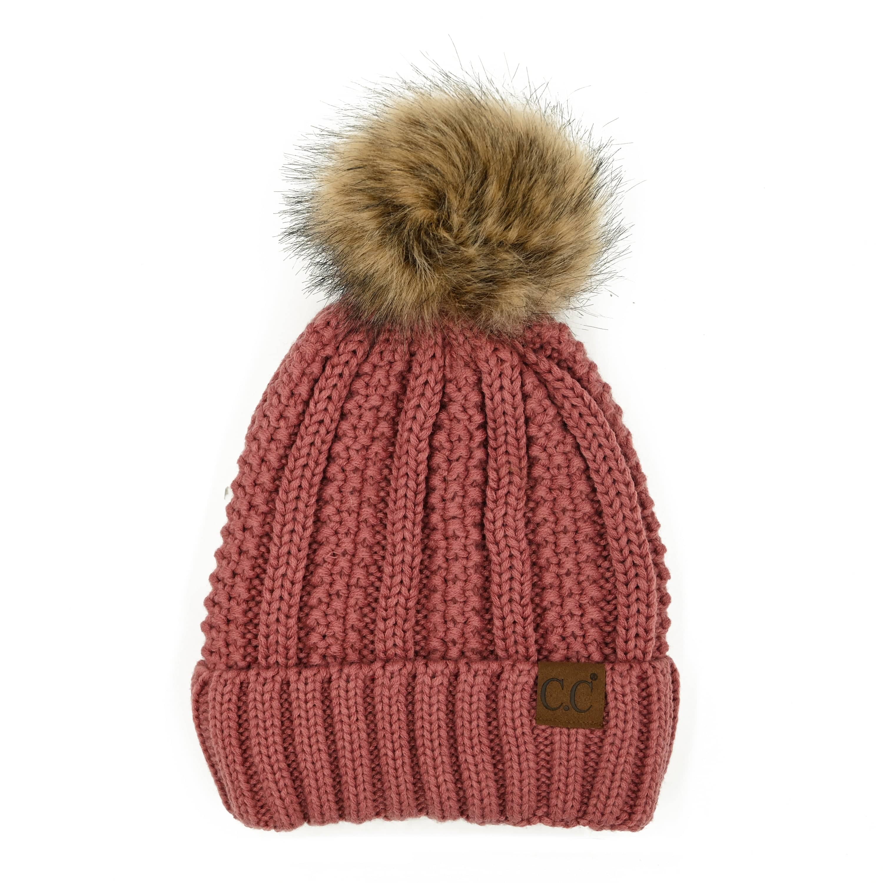CC Bold Pom Accented Beanie with faux fur pom, cozy fleece lining, and authentic C.C.® branding, suitable for kids and adults.