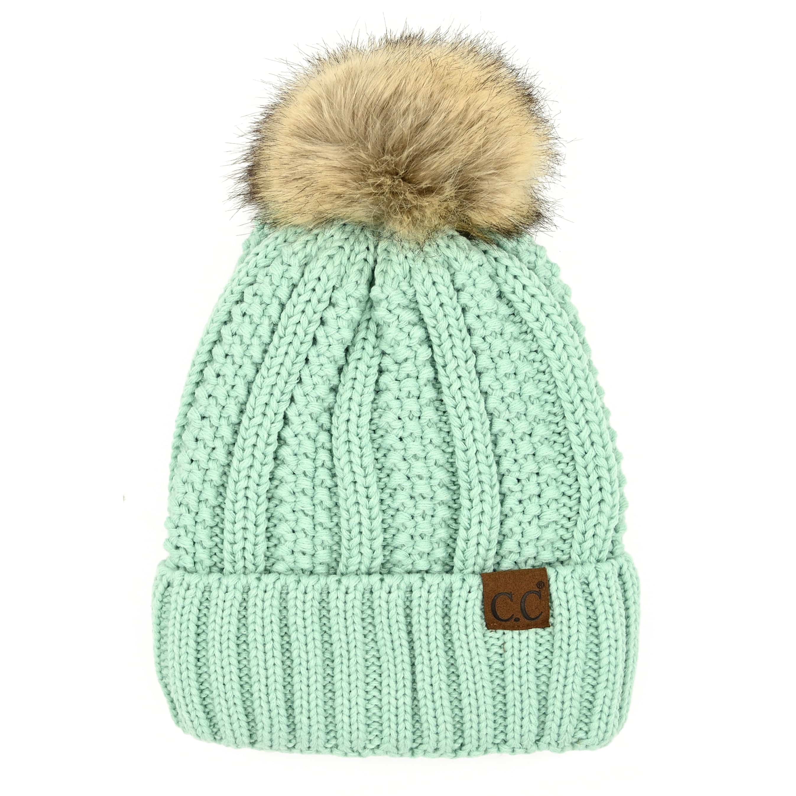 CC Bold Pom Accented Beanie with faux fur pom, cozy fleece lining, and authentic C.C.® branding, suitable for kids and adults.