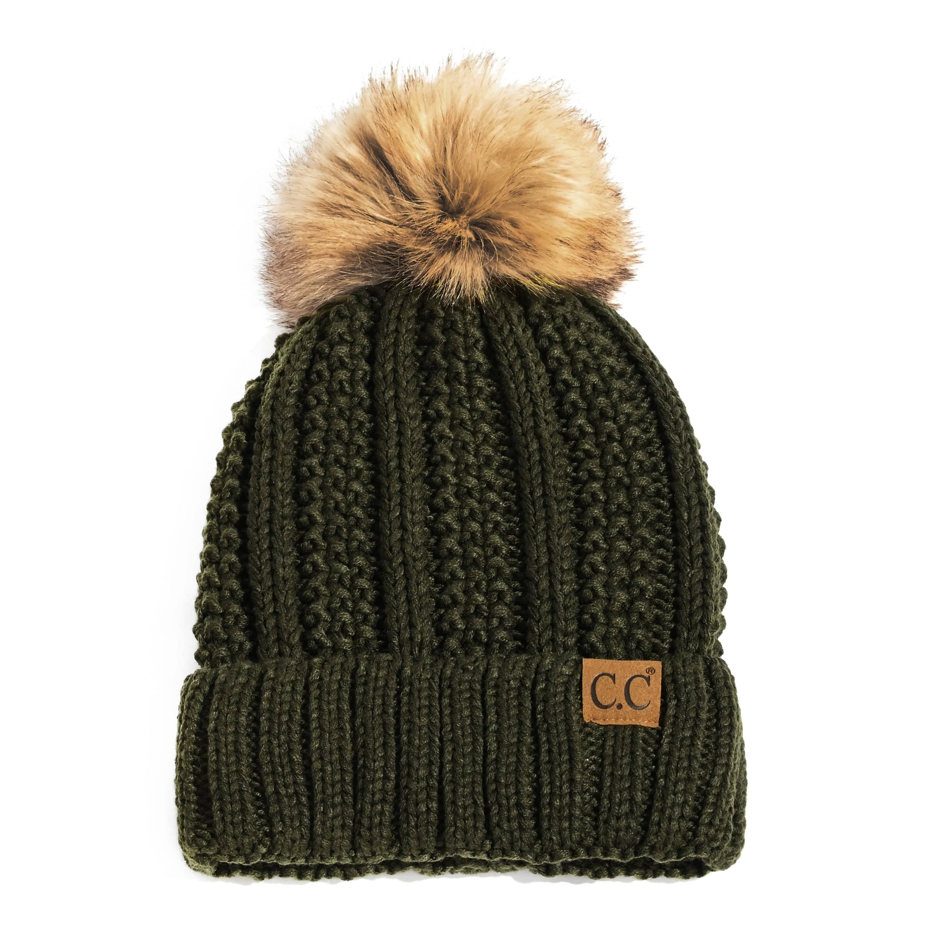CC Bold Pom Accented Beanie with faux fur pom, cozy fleece lining, and authentic C.C.® branding, suitable for kids and adults.