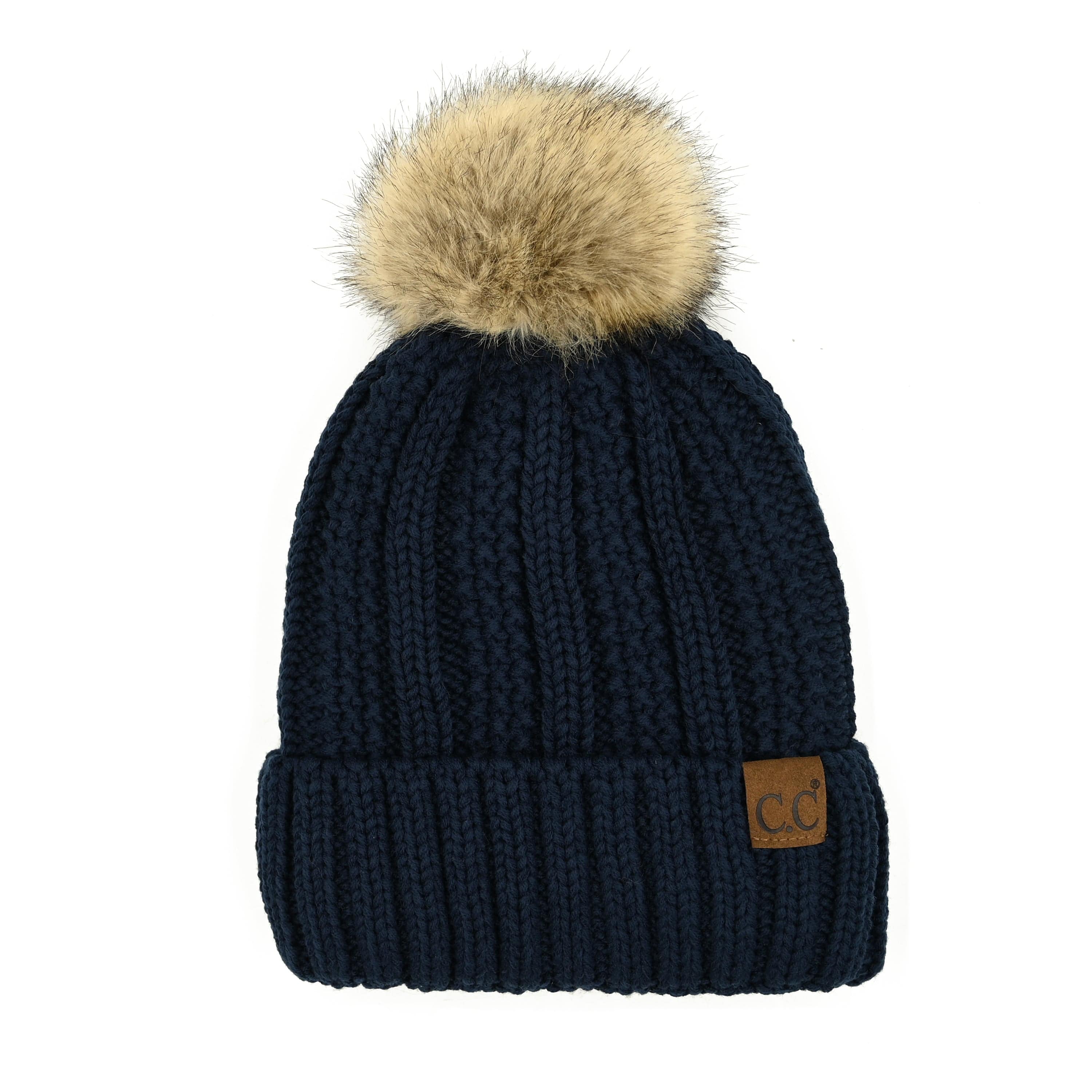 CC Bold Pom Accented Beanie with faux fur pom, cozy fleece lining, and authentic C.C.® branding, suitable for kids and adults.