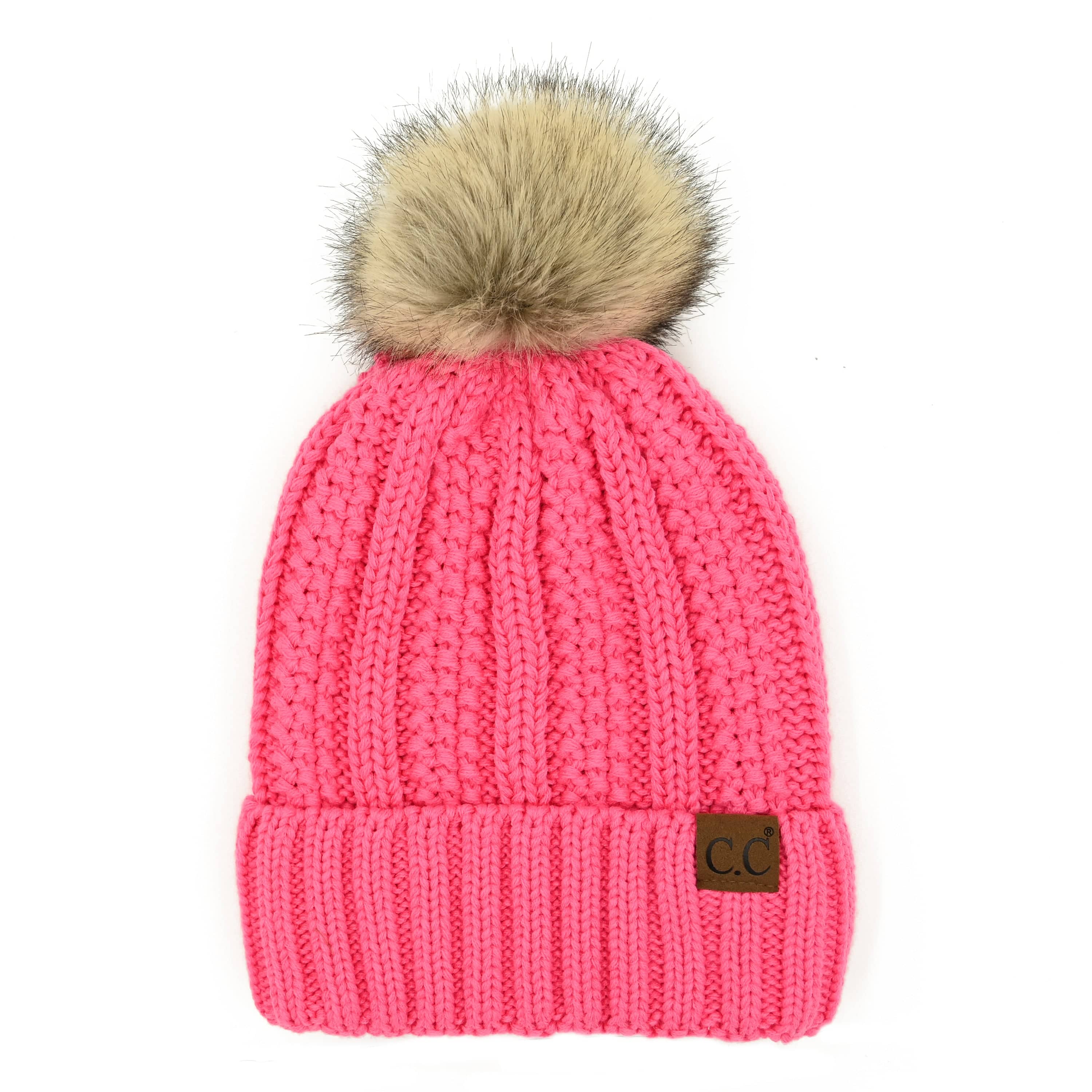 CC Bold Pom Accented Beanie with faux fur pom, cozy fleece lining, and authentic C.C.® branding, suitable for kids and adults.