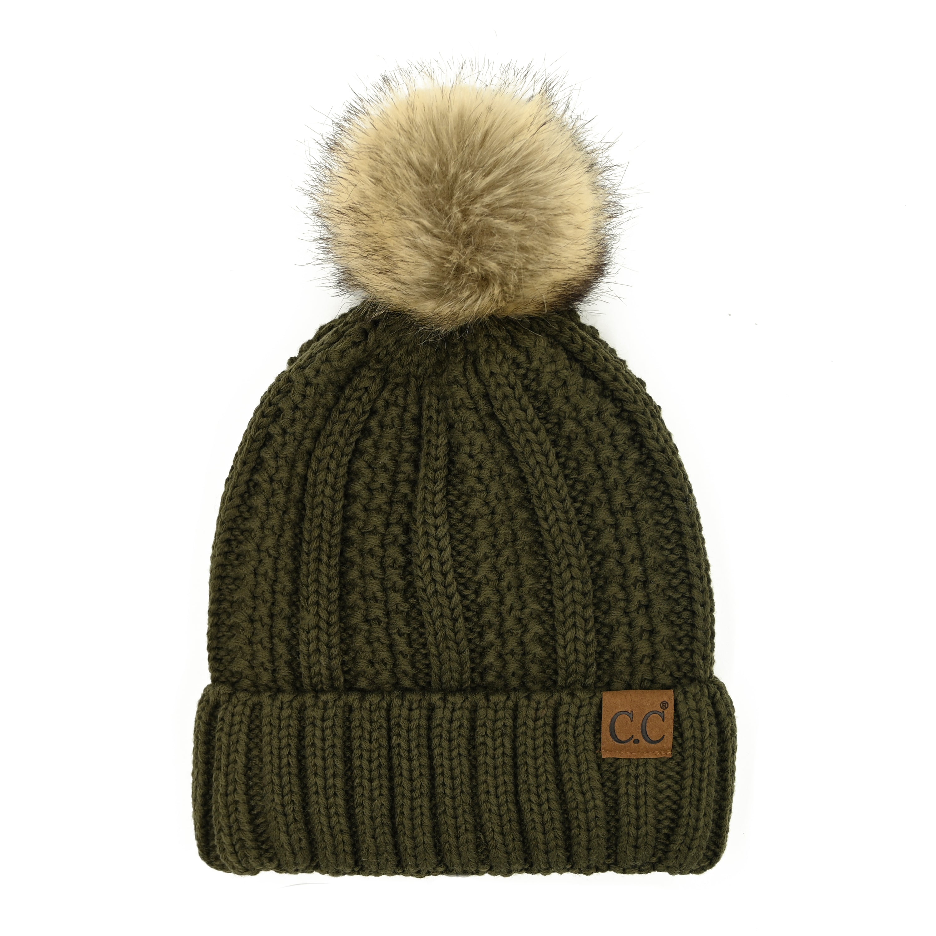 CC Bold Pom Accented Beanie with faux fur pom, cozy fleece lining, and authentic C.C.® branding, suitable for kids and adults.