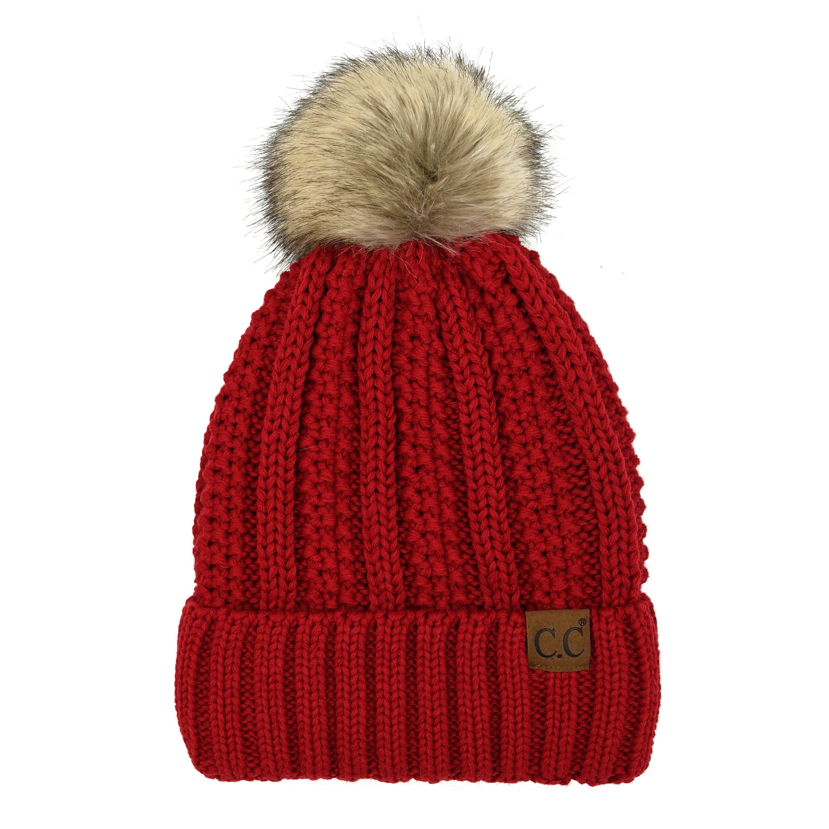 CC Bold Pom Accented Beanie with faux fur pom, cozy fleece lining, and authentic C.C.® branding, suitable for kids and adults.