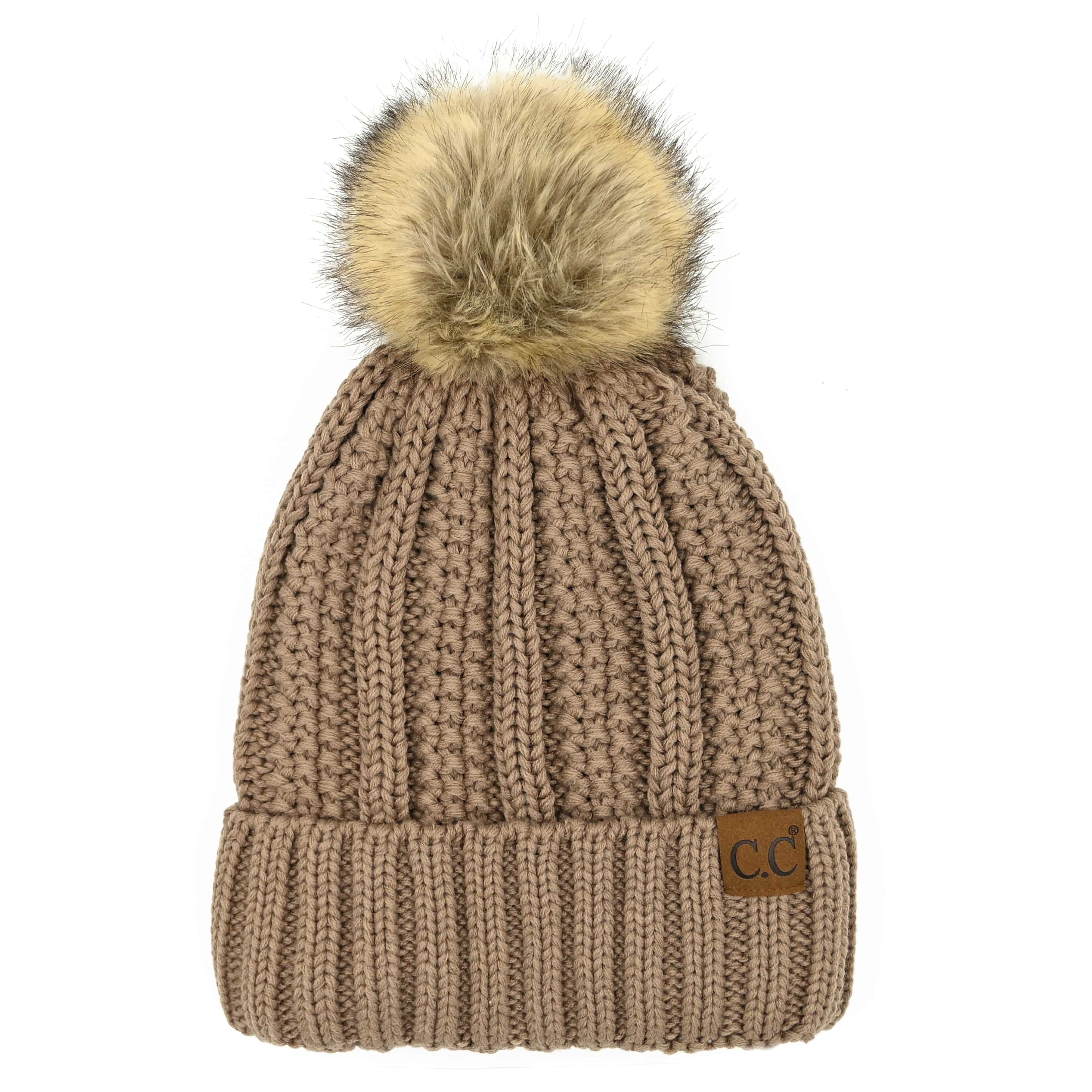 CC Bold Pom Accented Beanie with faux fur pom, cozy fleece lining, and authentic C.C.® branding, suitable for kids and adults.