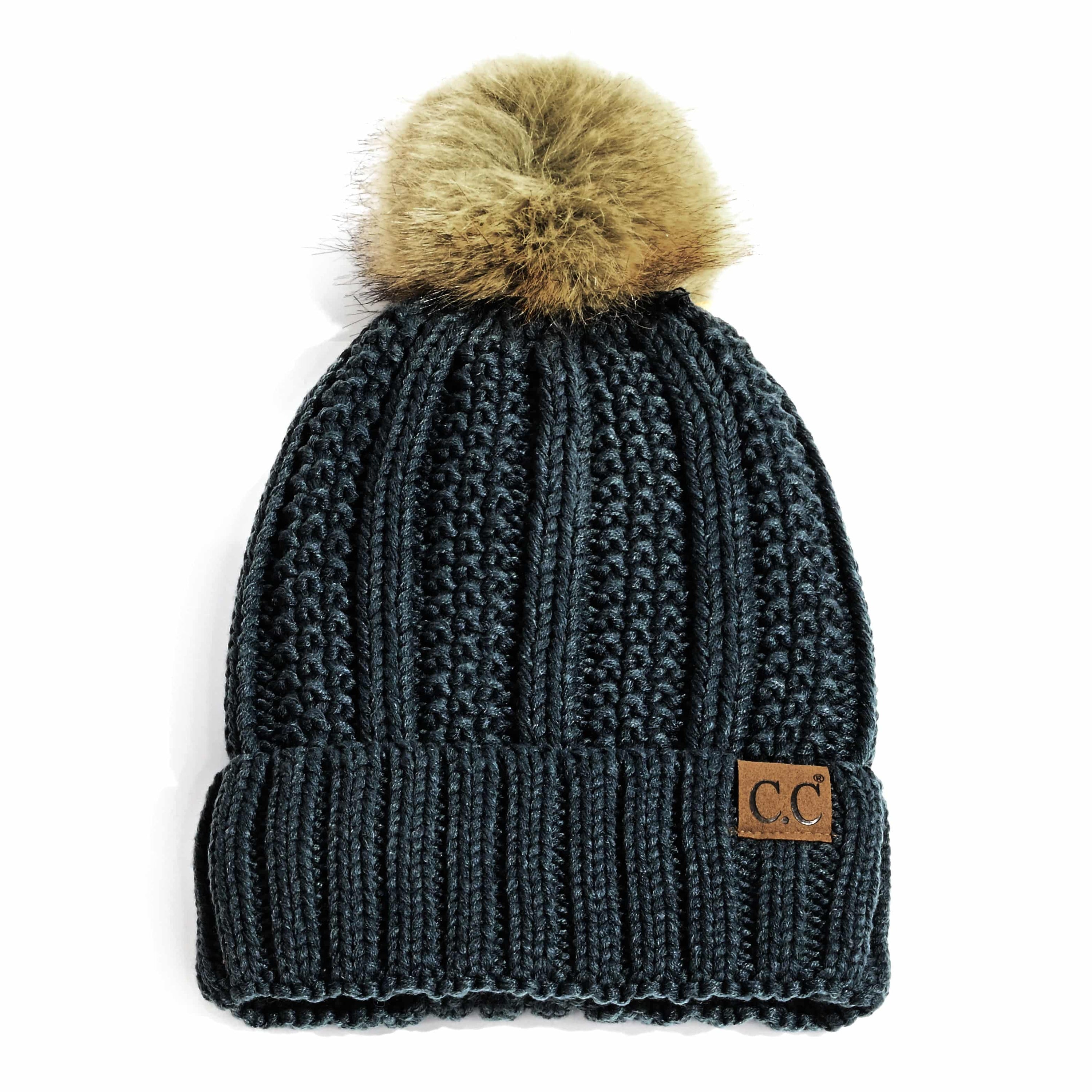 CC Bold Pom Accented Beanie with faux fur pom, cozy fleece lining, and authentic C.C.® branding, suitable for kids and adults.