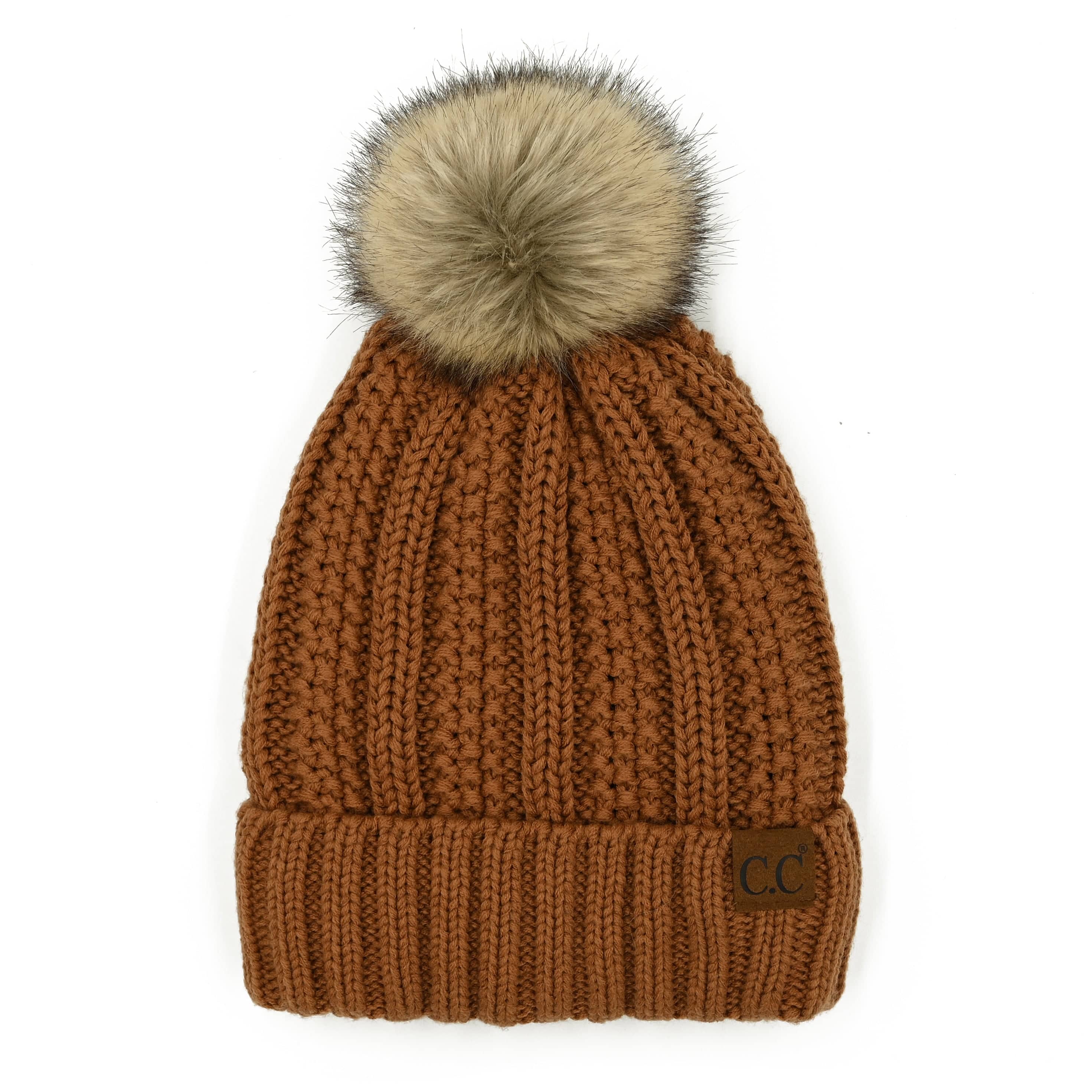 CC Bold Pom Accented Beanie with faux fur pom, cozy fleece lining, and authentic C.C.® branding, suitable for kids and adults.