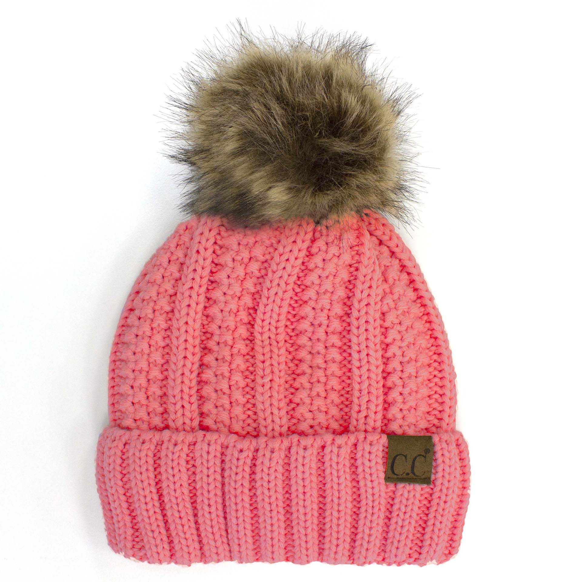 CC Bold Pom Accented Beanie with faux fur pom, cozy fleece lining, and authentic C.C.® branding, suitable for kids and adults.