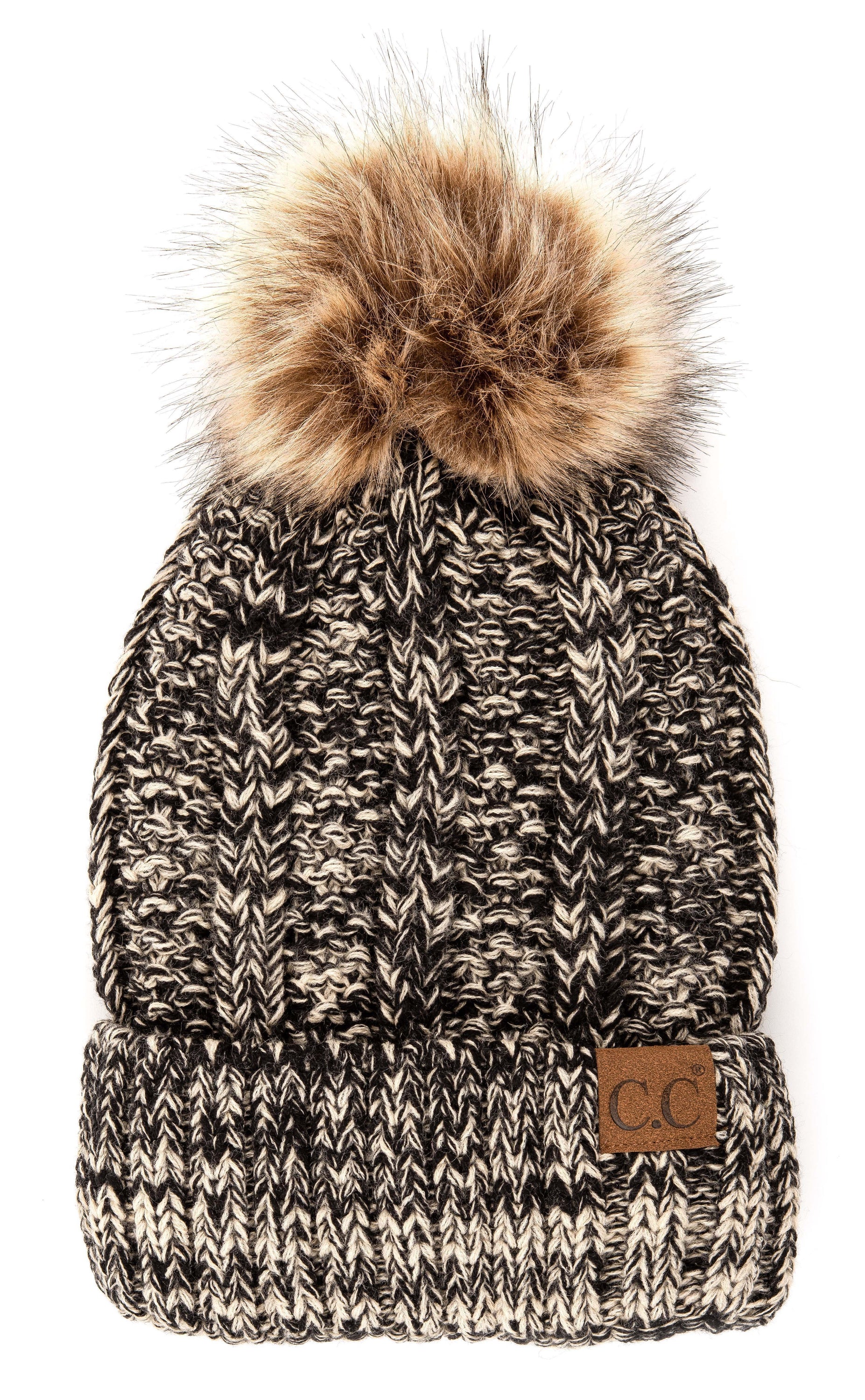 CC Bold Pom Accented Beanie with faux fur pom, cozy fleece lining, and authentic C.C.® branding, suitable for kids and adults.
