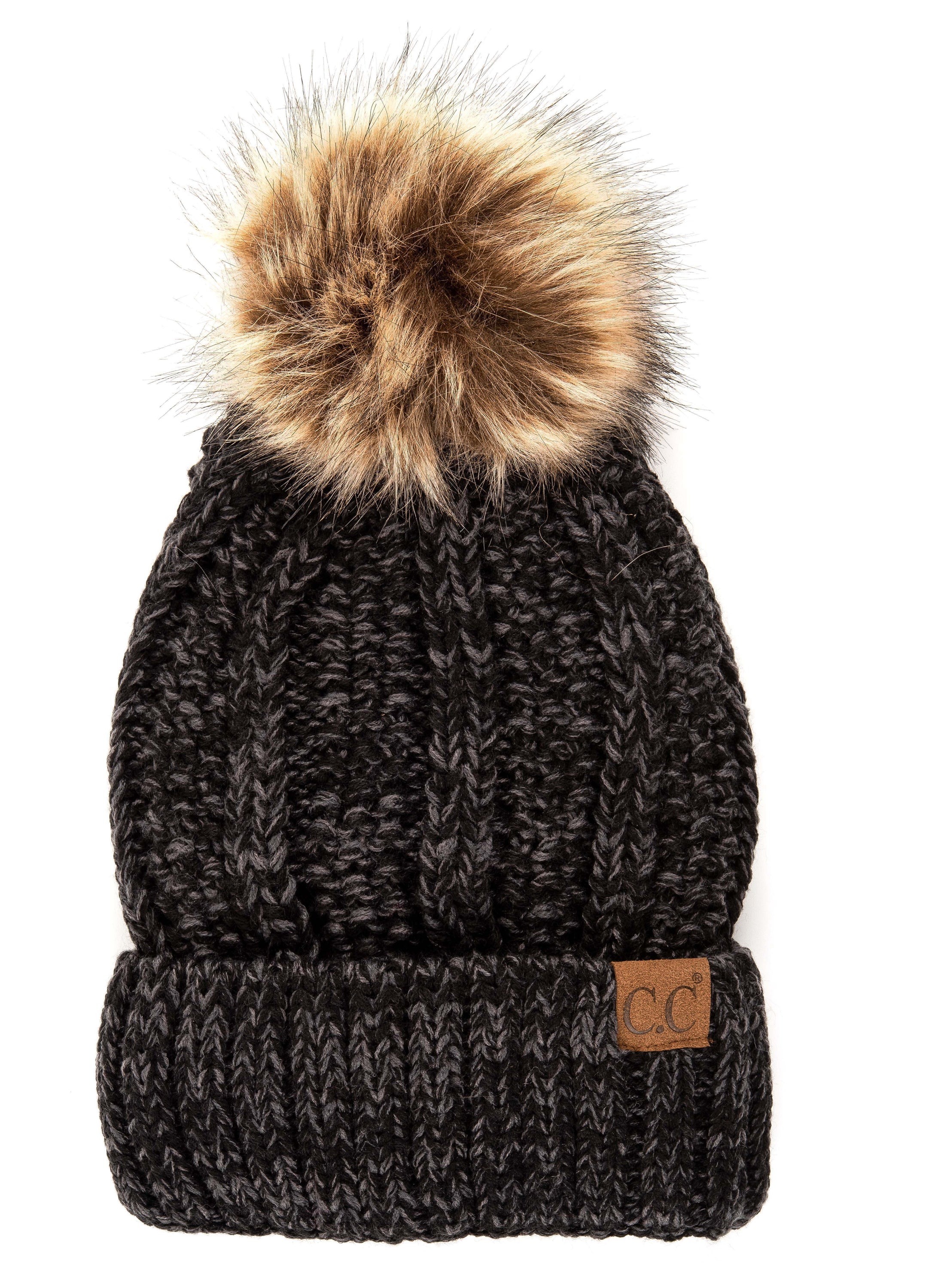 CC Bold Pom Accented Beanie with faux fur pom, cozy fleece lining, and authentic C.C.® branding, suitable for kids and adults.