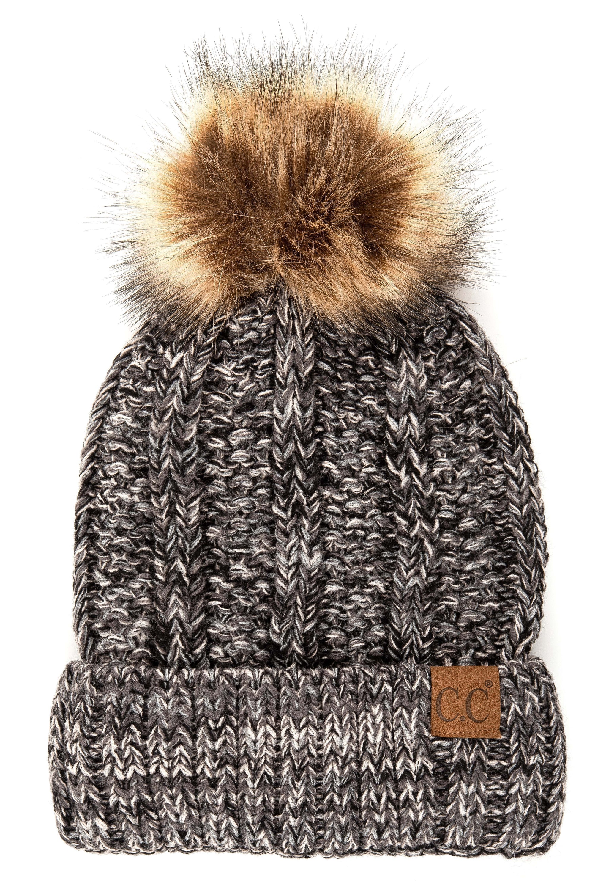 CC Bold Pom Accented Beanie with faux fur pom, cozy fleece lining, and authentic C.C.® branding, suitable for kids and adults.