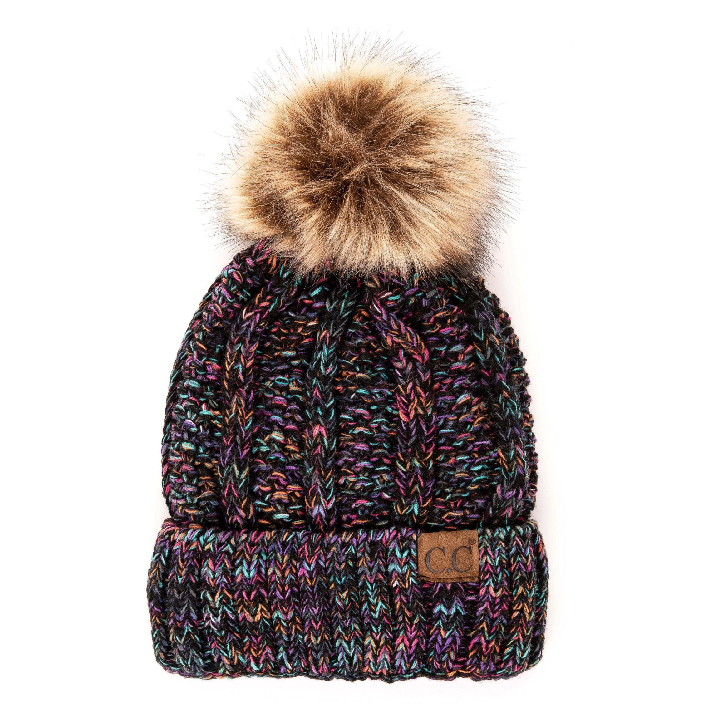CC Bold Pom Accented Beanie with faux fur pom, cozy fleece lining, and authentic C.C.® branding, suitable for kids and adults.