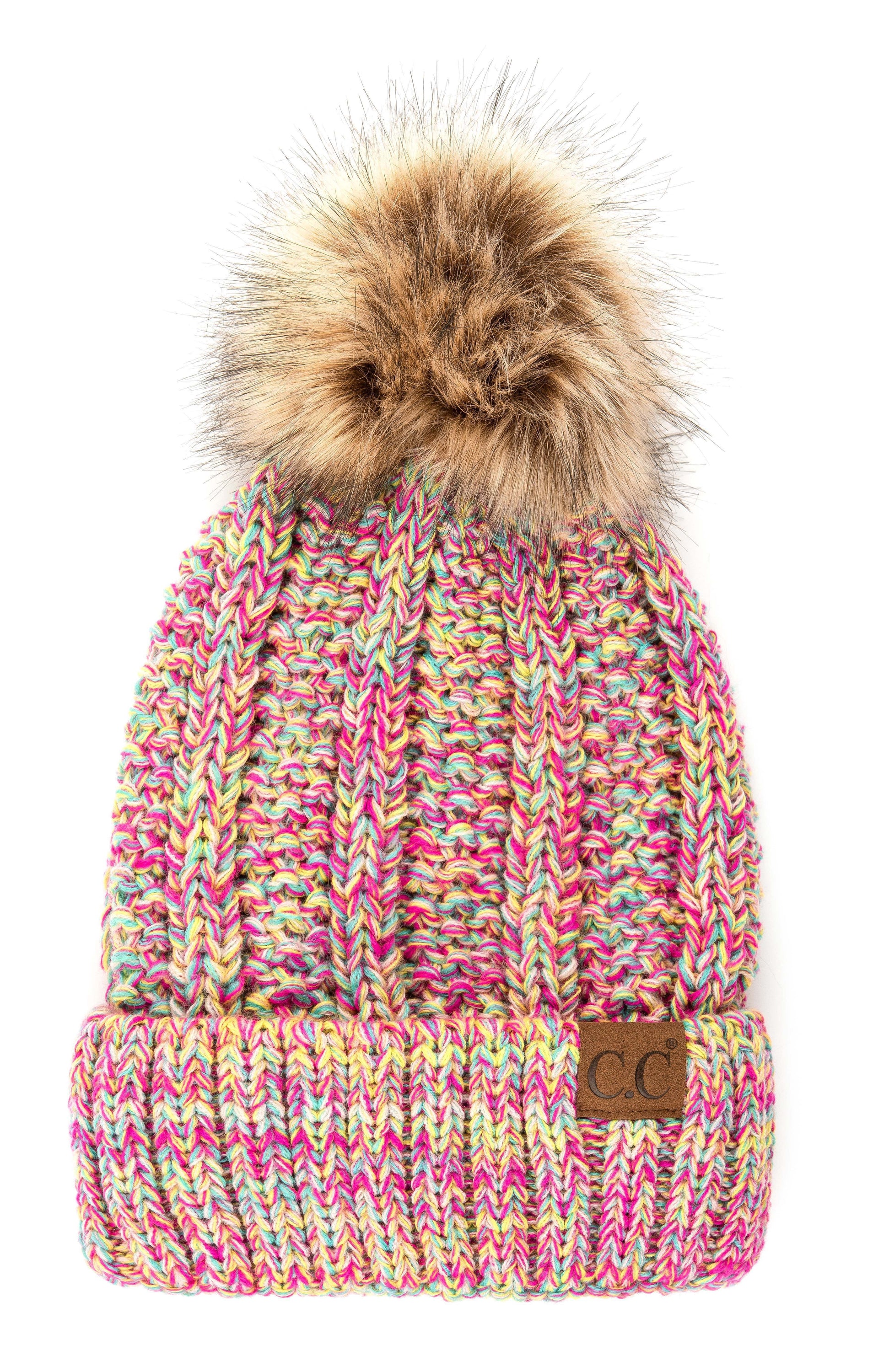 CC Bold Pom Accented Beanie with faux fur pom, cozy fleece lining, and authentic C.C.® branding, suitable for kids and adults.