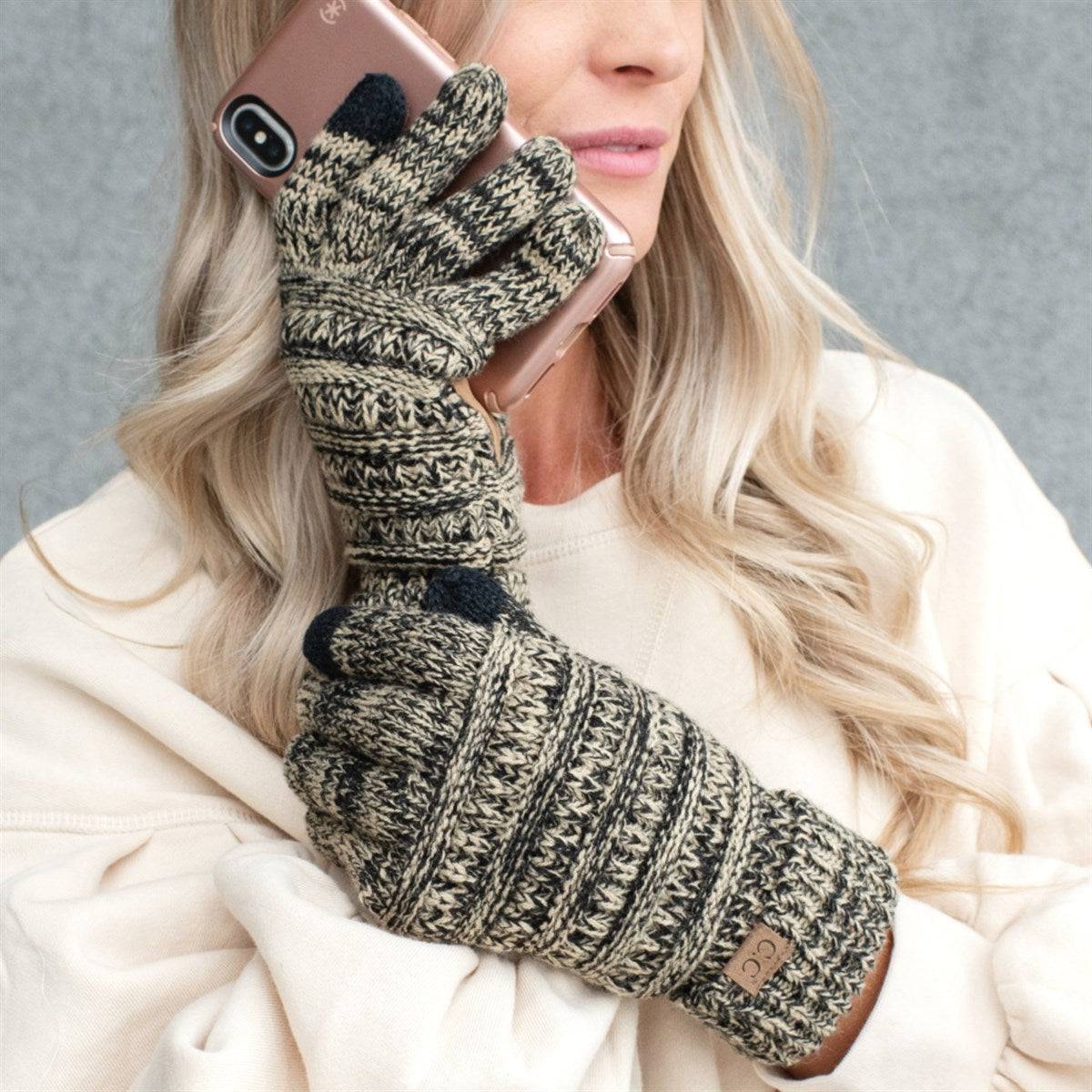 CC Brand Multi-Toned Touchscreen Tech Phone Gloves in various colors, showcasing a stylish cable knit design suitable for winter.