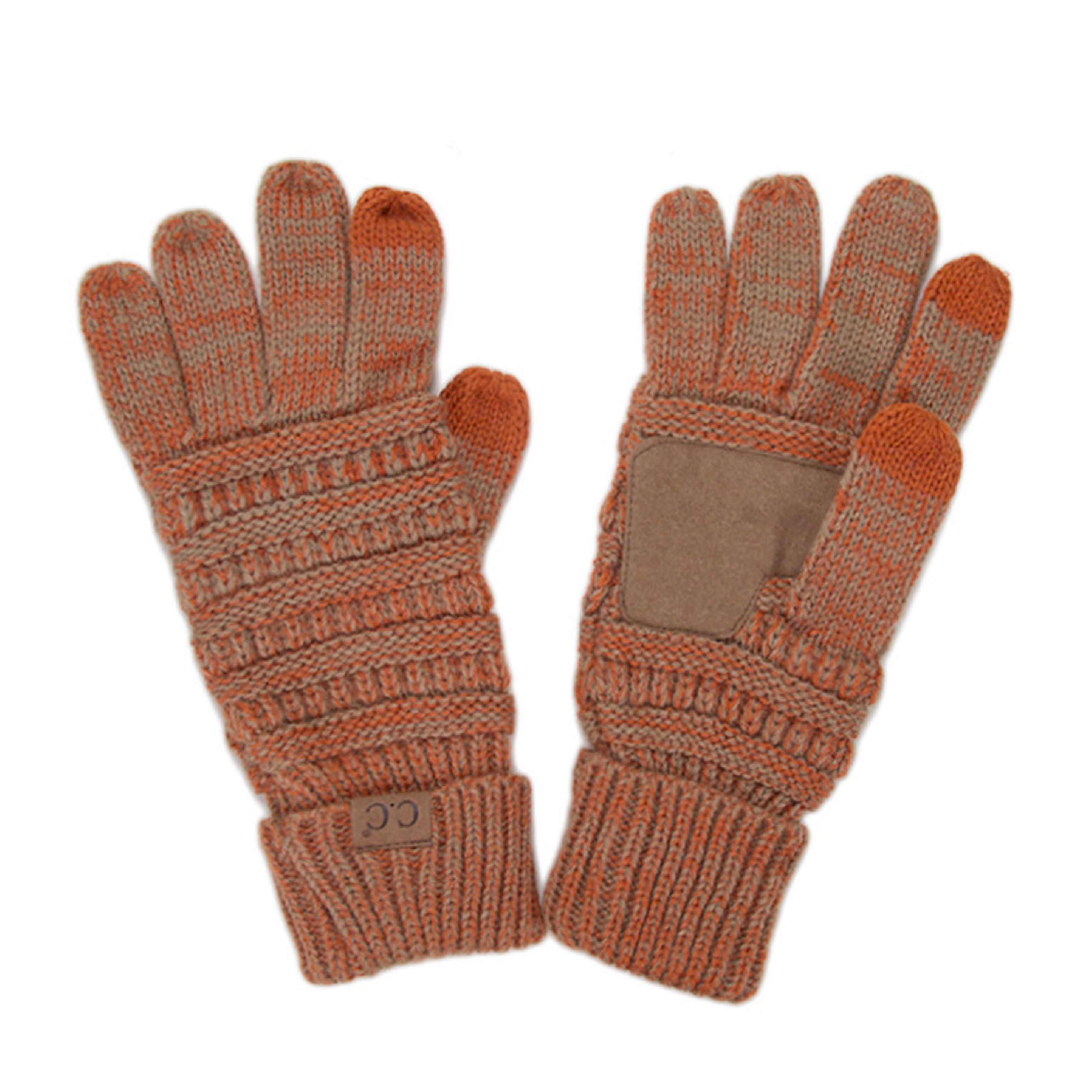 CC Brand Multi-Toned Touchscreen Tech Phone Gloves in various colors, showcasing a stylish cable knit design suitable for winter.