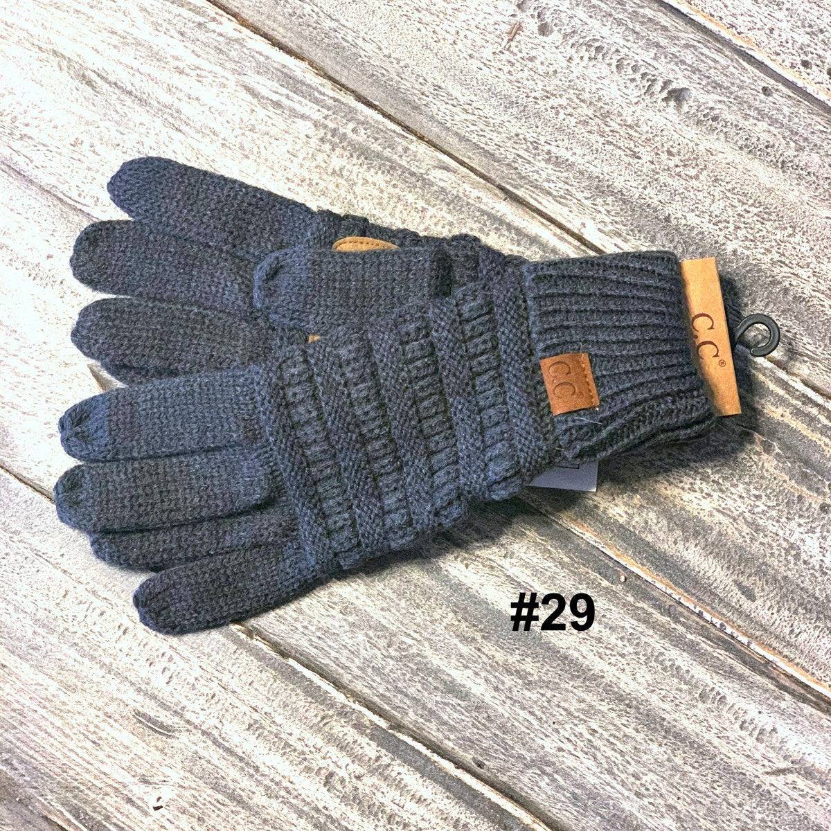 CC Brand Multi-Toned Touchscreen Tech Phone Gloves in various colors, showcasing a stylish cable knit design suitable for winter.