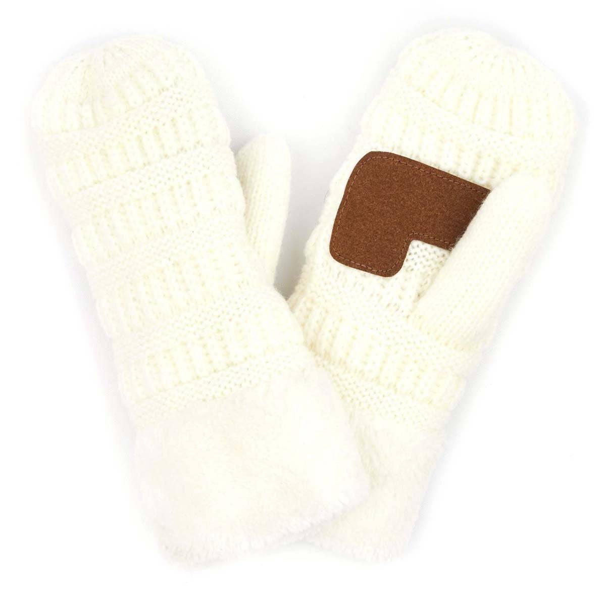 CC Brand Sherpa Lined Mittens in various colors, showcasing cozy warm lining and stylish cable knit pattern.