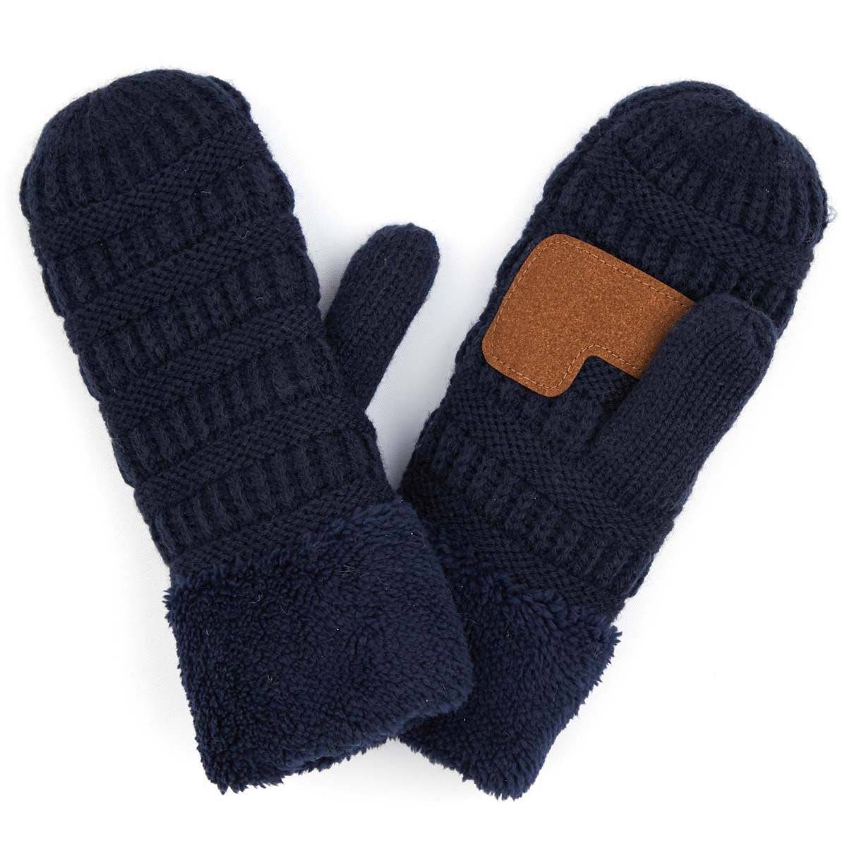 CC Brand Sherpa Lined Mittens in various colors, showcasing cozy warm lining and stylish cable knit pattern.