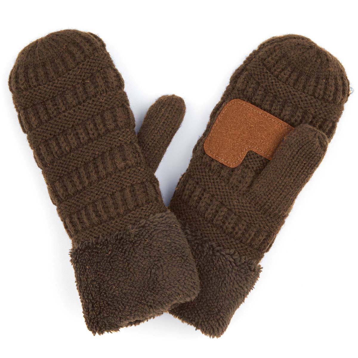 CC Brand Sherpa Lined Mittens in various colors, showcasing cozy warm lining and stylish cable knit pattern.