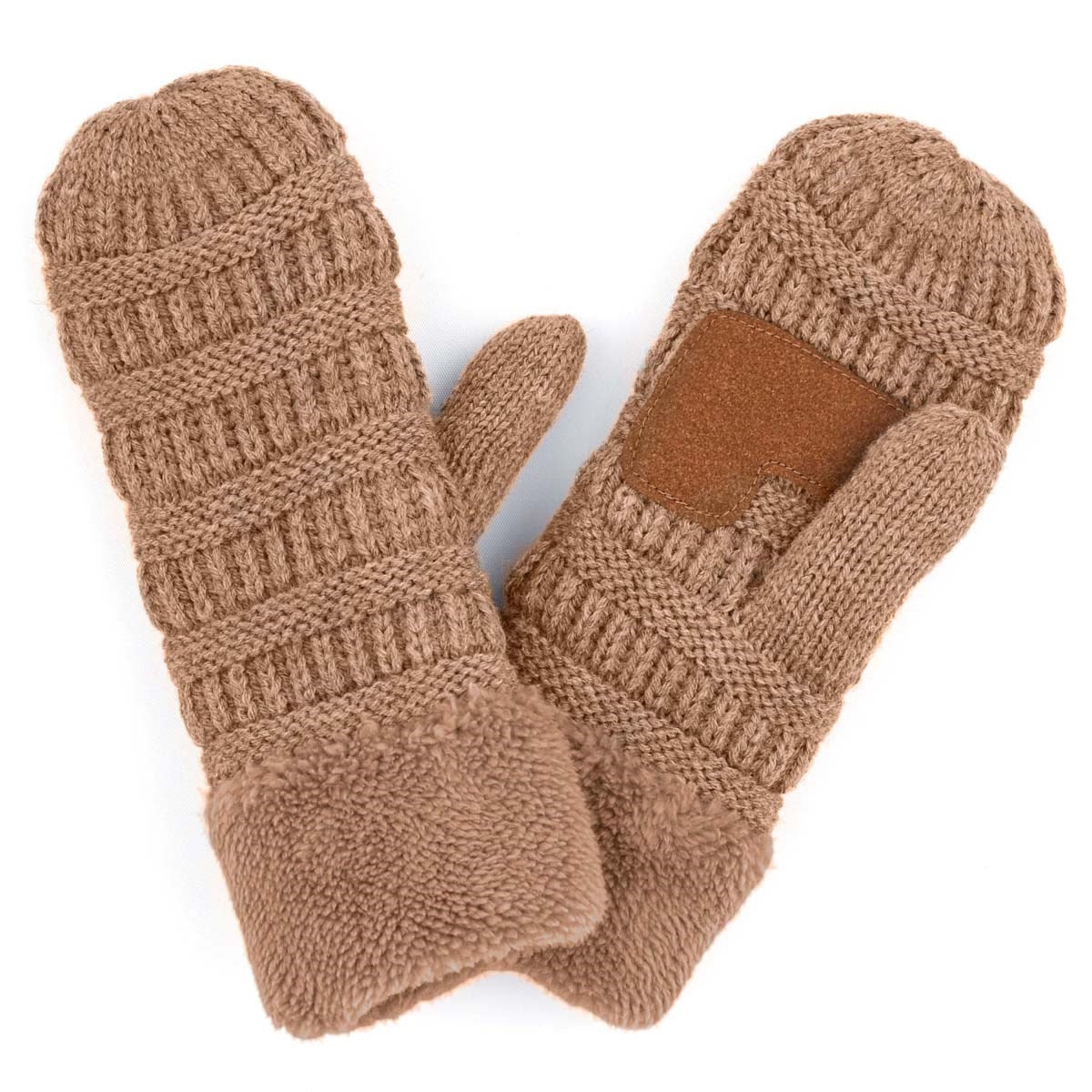 CC Brand Sherpa Lined Mittens in various colors, showcasing cozy warm lining and stylish cable knit pattern.
