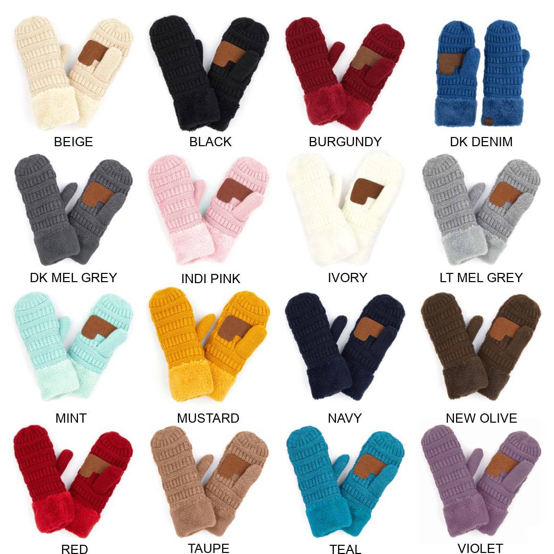 CC Brand Sherpa Lined Mittens in various colors, showcasing cozy warm lining and stylish cable knit pattern.