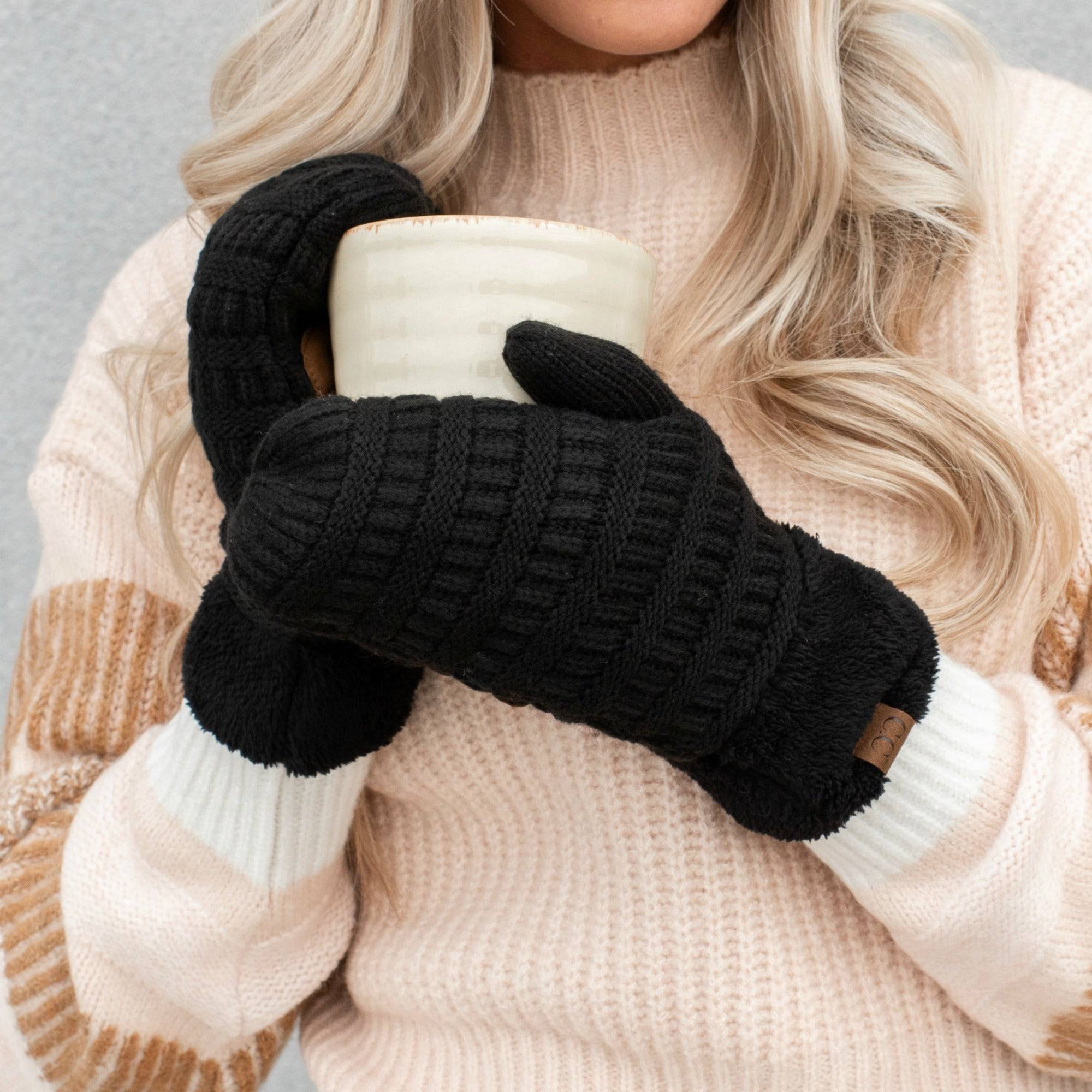 CC Brand Sherpa Lined Mittens in various colors, showcasing cozy warm lining and stylish cable knit pattern.