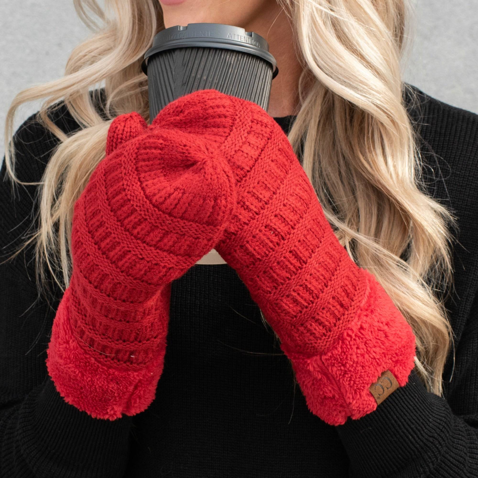 CC Brand Sherpa Lined Mittens in various colors, showcasing cozy warm lining and stylish cable knit pattern.
