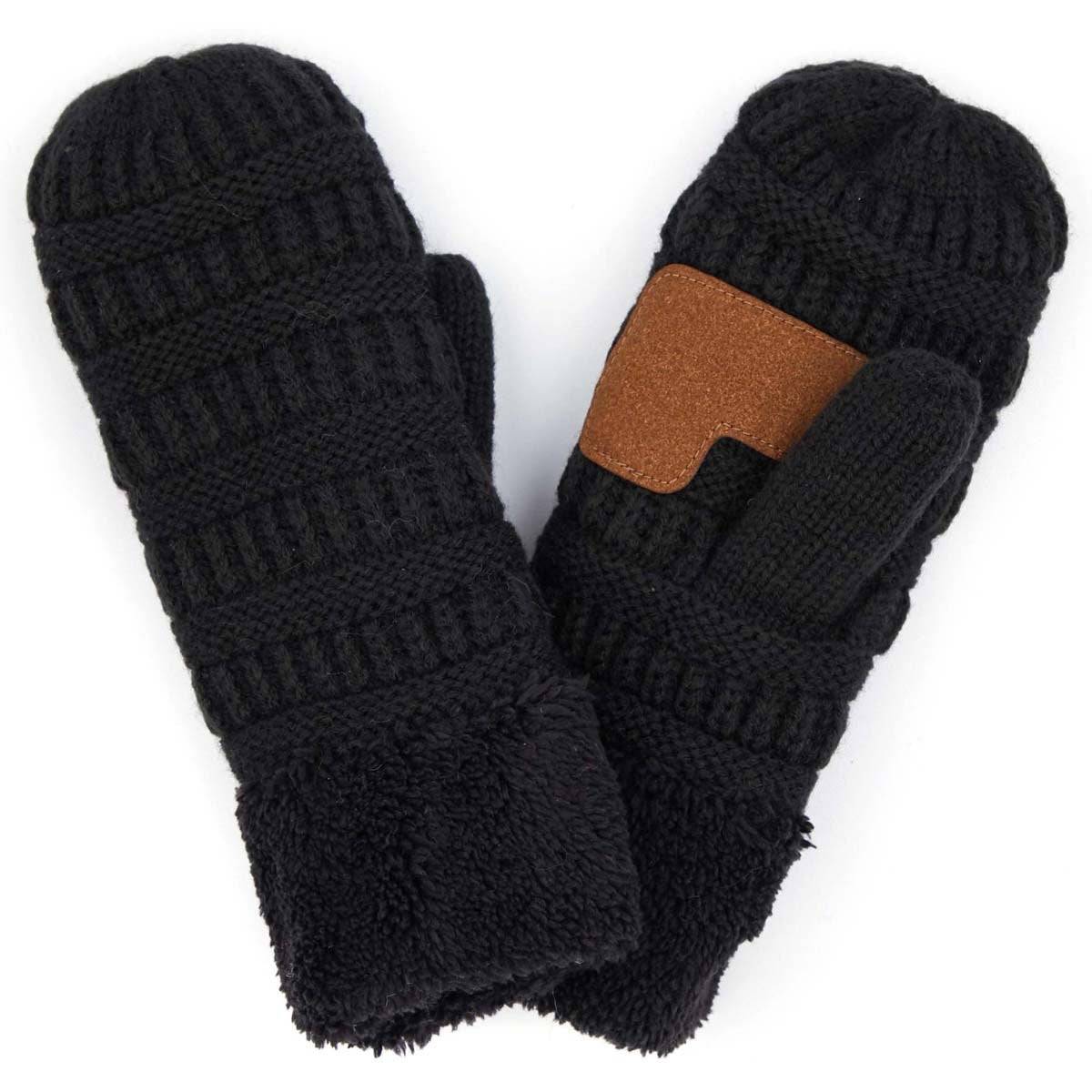 CC Brand Sherpa Lined Mittens in various colors, showcasing cozy warm lining and stylish cable knit pattern.