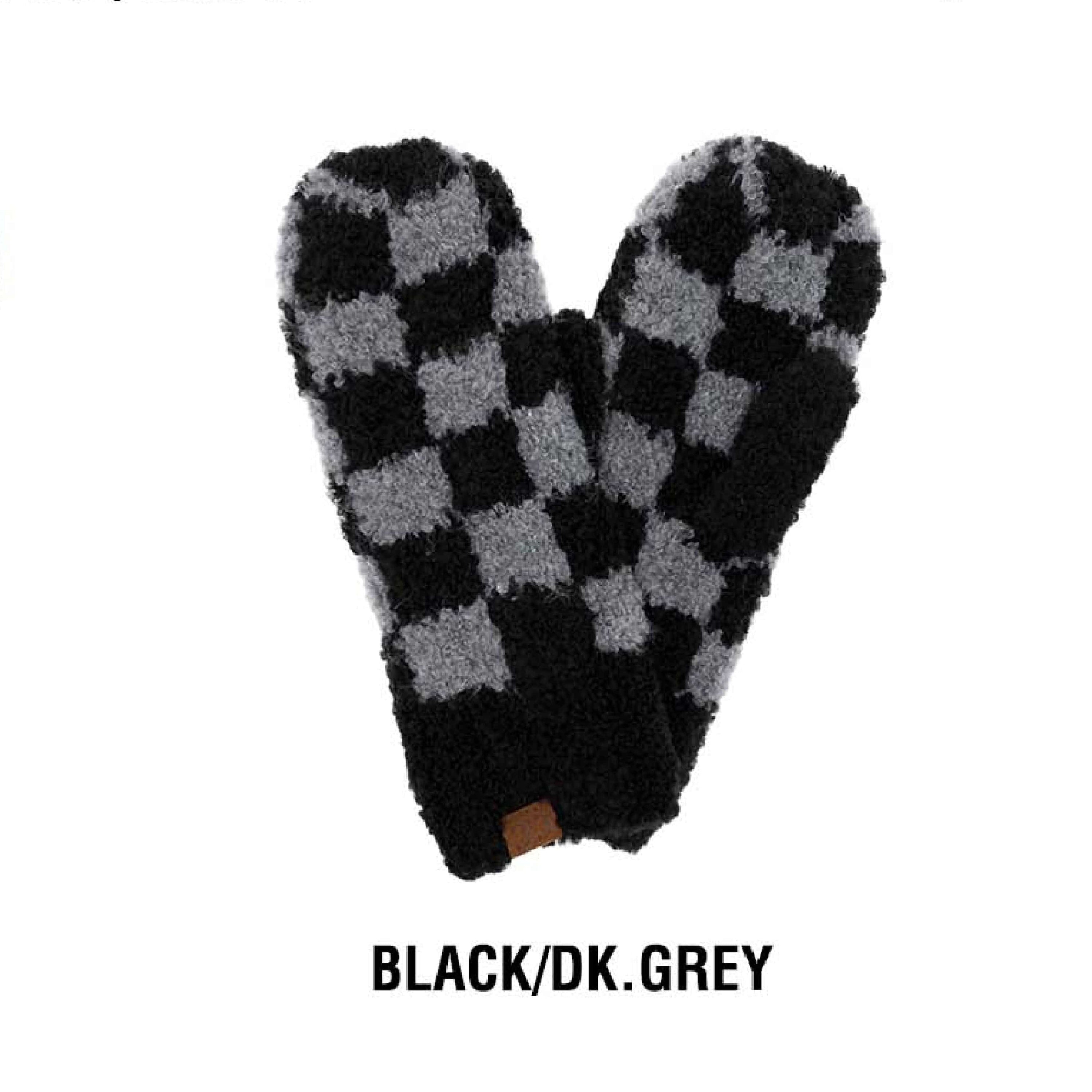 Black and grey checkered mittens.