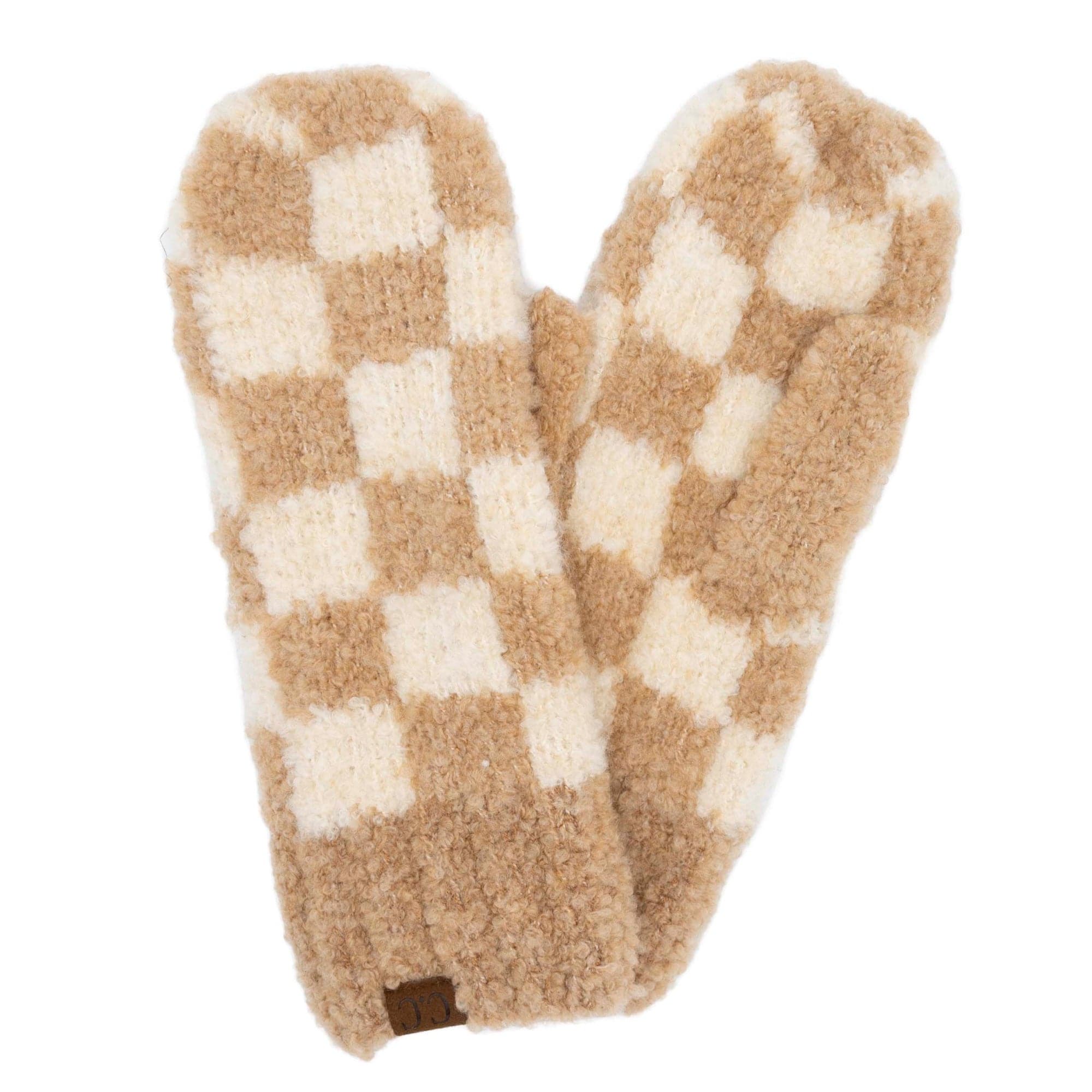 Checkered beige and white mittens.