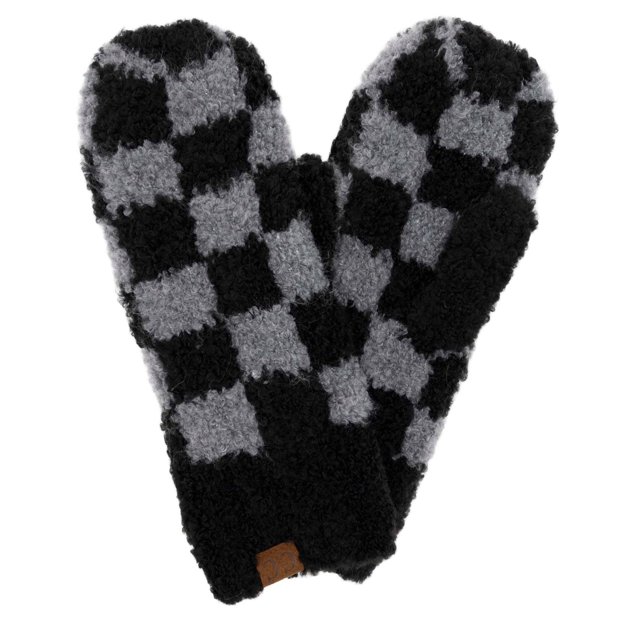 Checkered black and gray mittens.