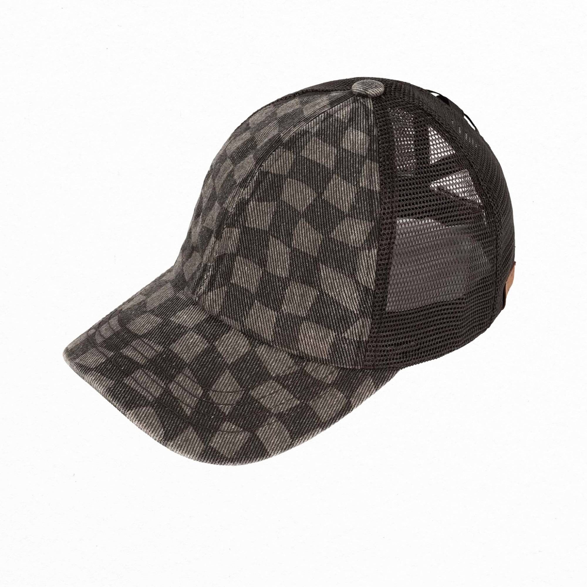 Stylish CC Checkered Pattern Pony Hat with breathable mesh back and criss-cross design for versatile hair styling.