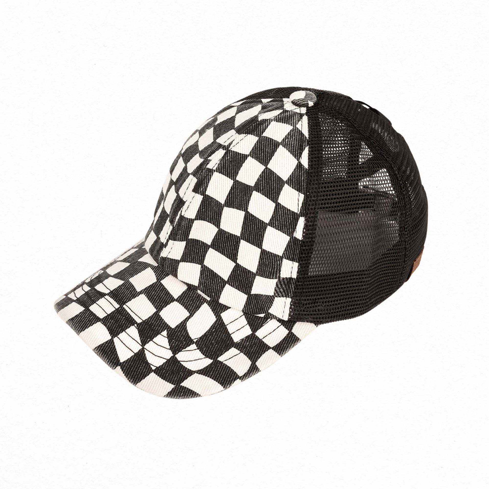 Stylish CC Checkered Pattern Pony Hat with breathable mesh back and criss-cross design for versatile hair styling.