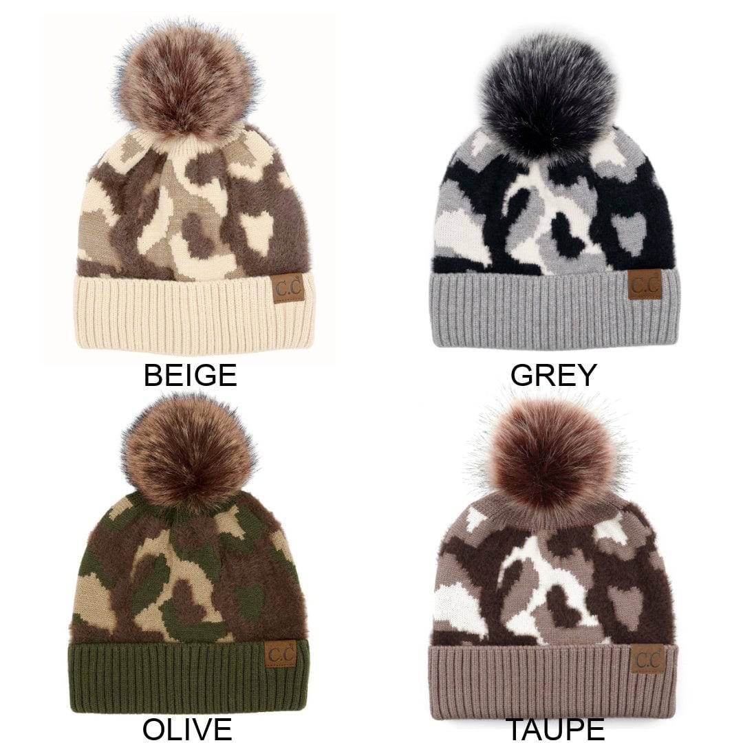 CC Chenille Abstract Print Beanie featuring a soft texture, 3D abstract pattern, and faux fur pom, perfect for stylish warmth.