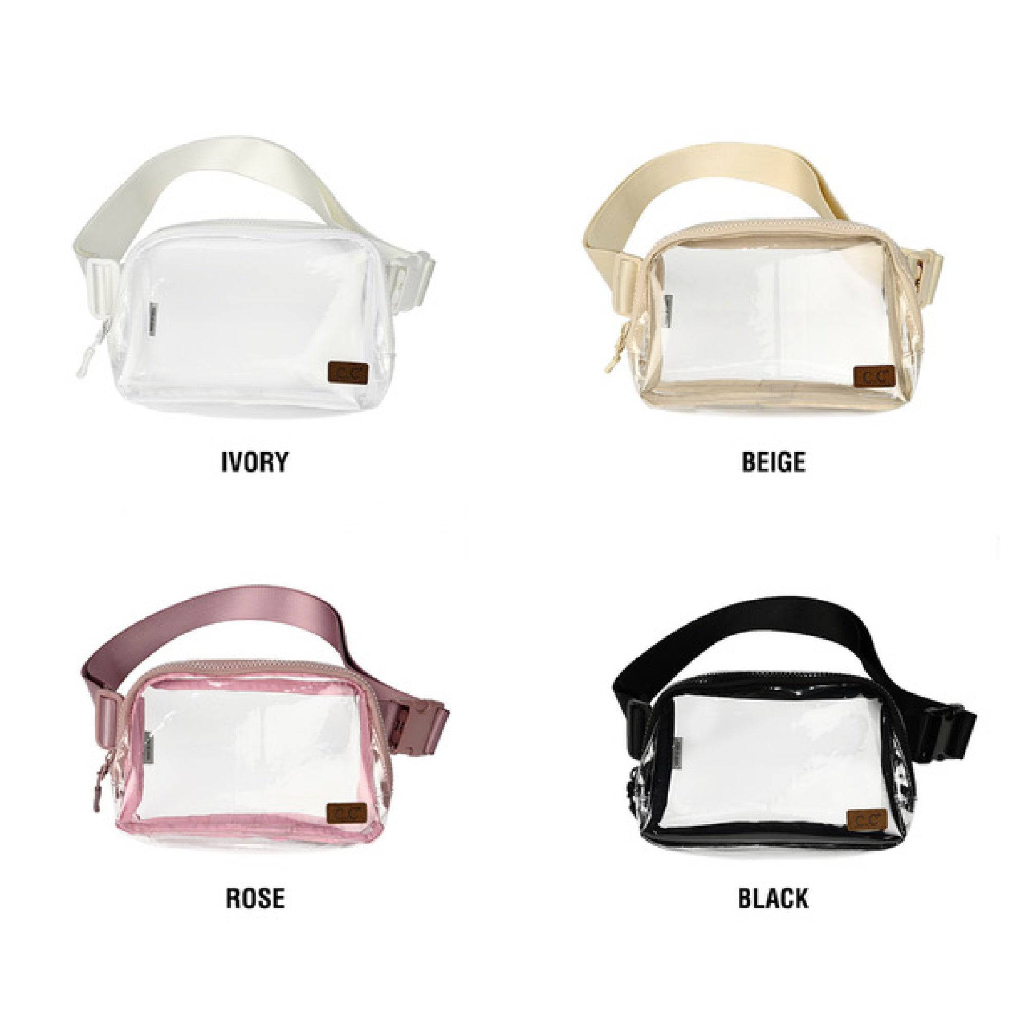 CC Clear Coliseum Belt Bag Fanny Pack featuring authentic C.C® branding, clear TPU material, and adjustable strap for comfort.