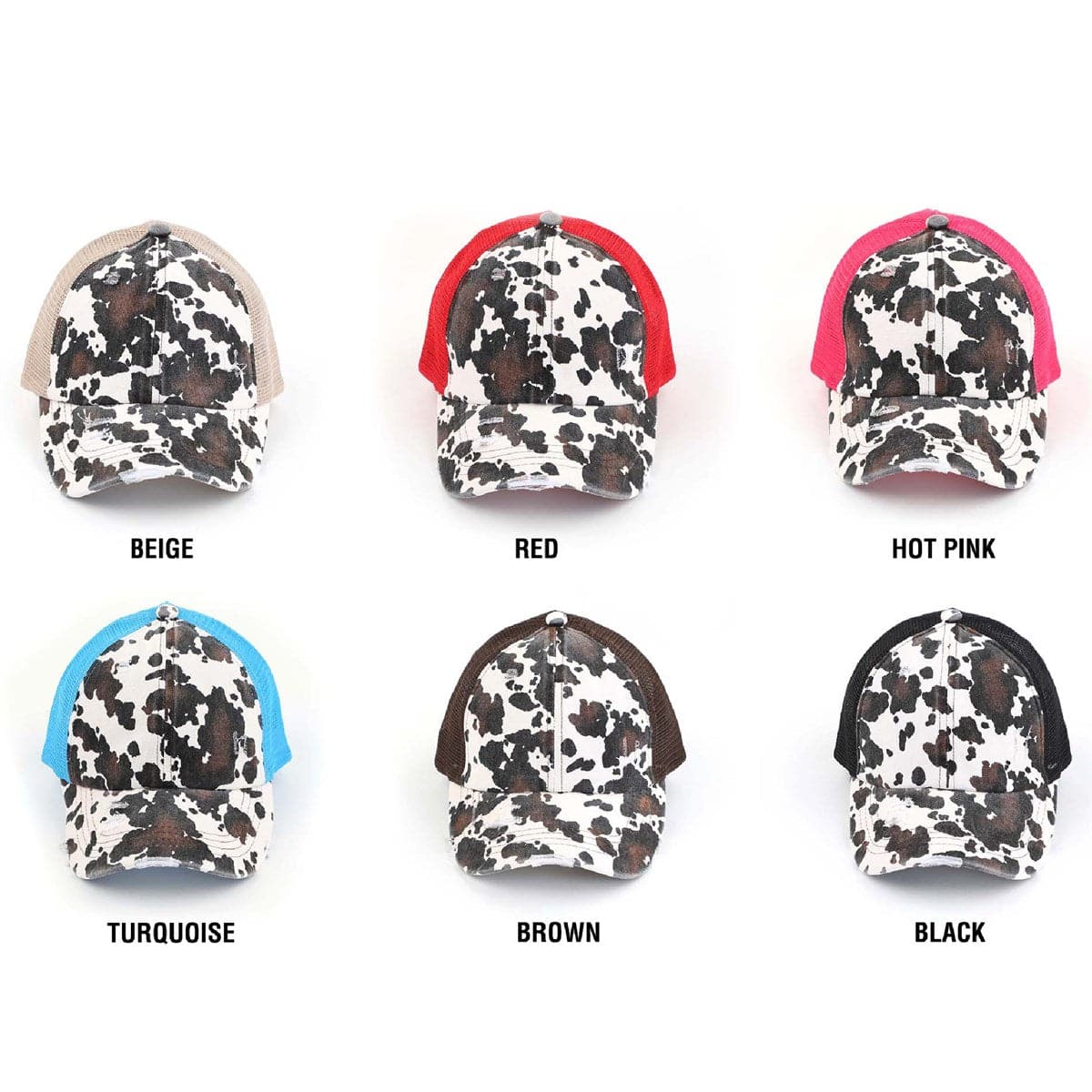 CC Cow Print Pony Hat featuring criss-cross elastic for ponytails, soft cotton material, and adjustable velcro strap.