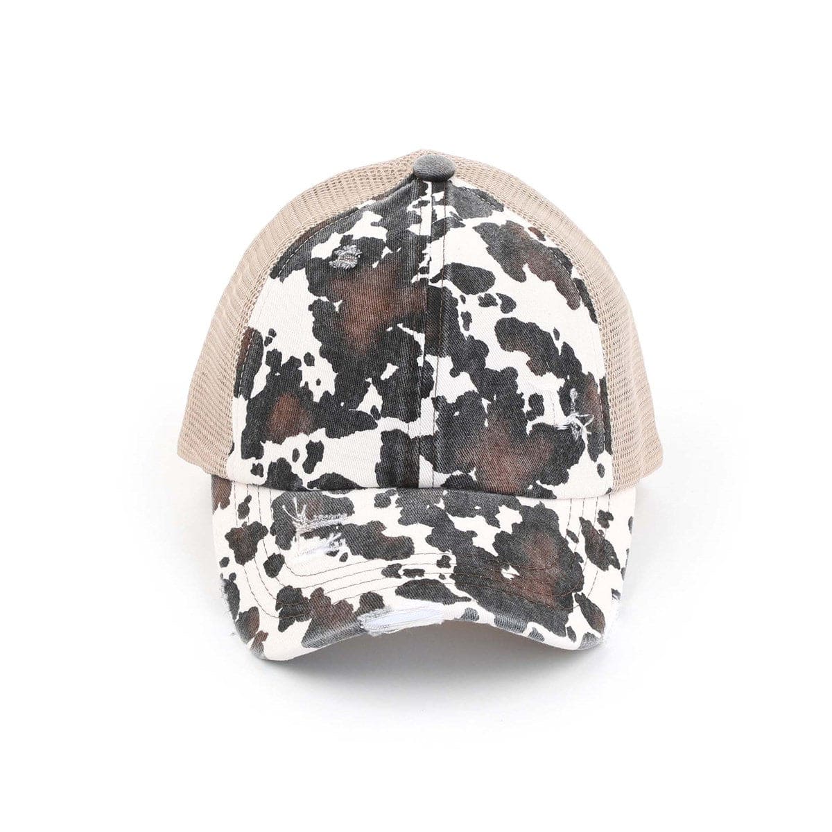 CC Cow Print Pony Hat featuring criss-cross elastic for ponytails, soft cotton material, and adjustable velcro strap.