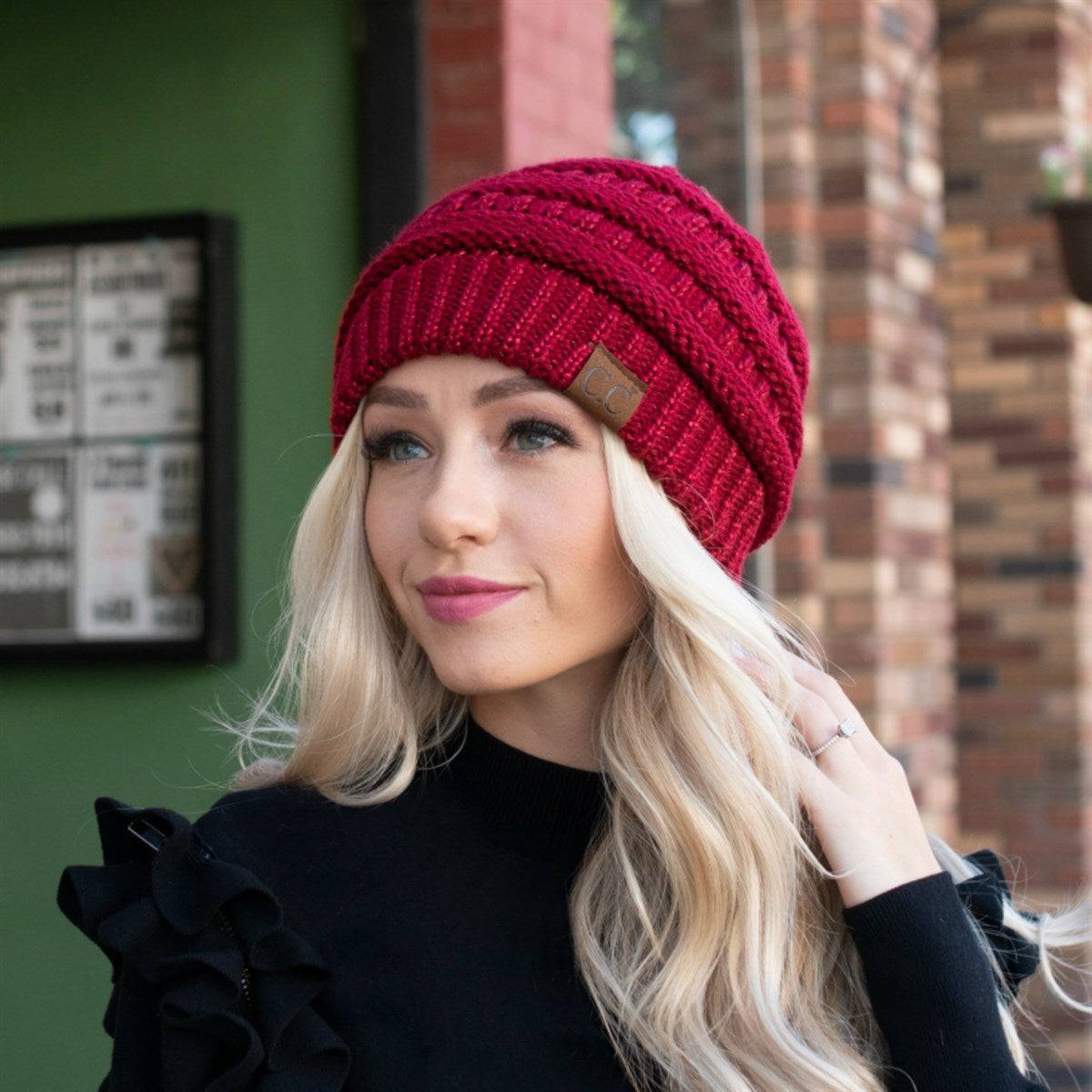 CC Cozy Metallic Cable Knit Skully Beanie in various trending colors with a stylish cable knit pattern and metallic accents.