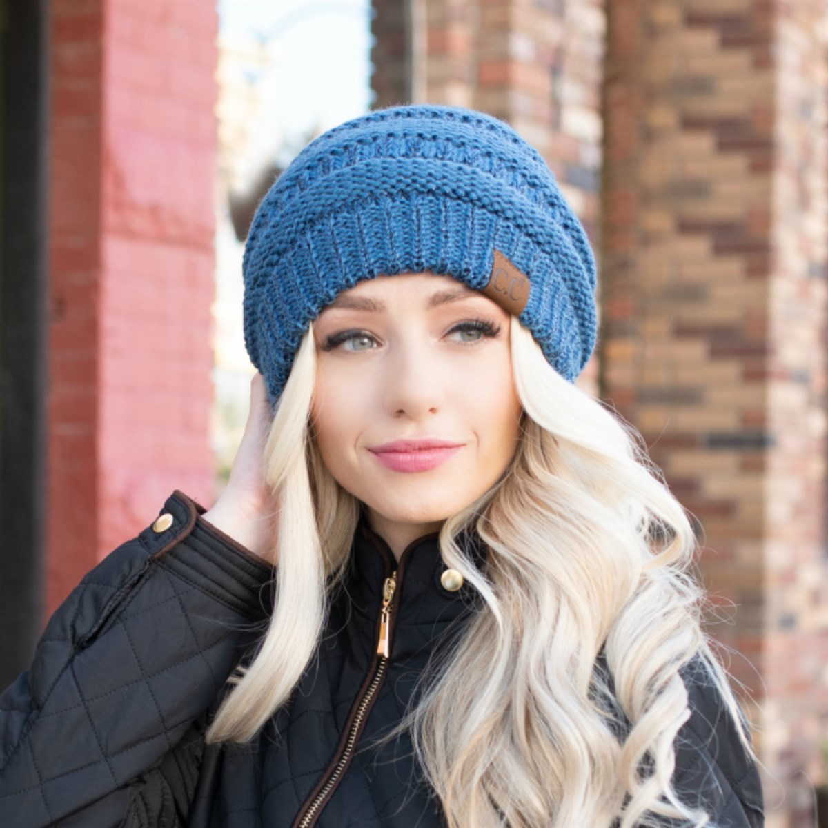 CC Cozy Metallic Cable Knit Skully Beanie in various trending colors with a stylish cable knit pattern and metallic accents.