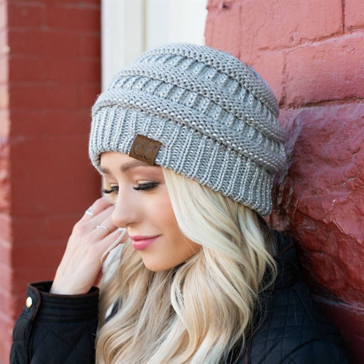 CC Cozy Metallic Cable Knit Skully Beanie in various trending colors with a stylish cable knit pattern and metallic accents.