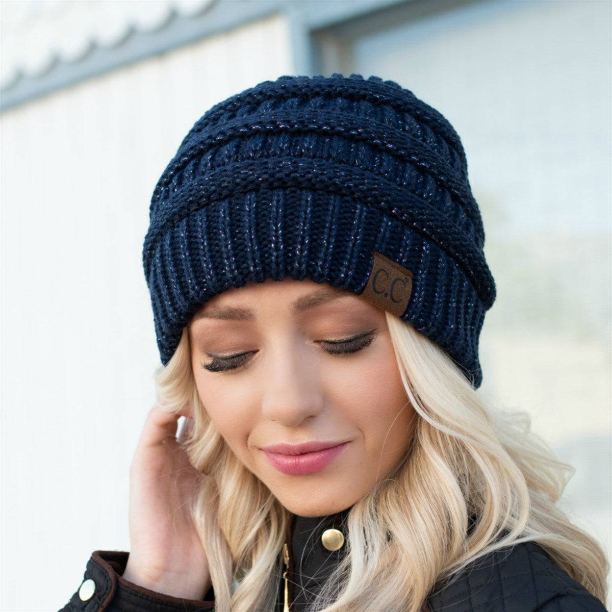CC Cozy Metallic Cable Knit Skully Beanie in various trending colors with a stylish cable knit pattern and metallic accents.