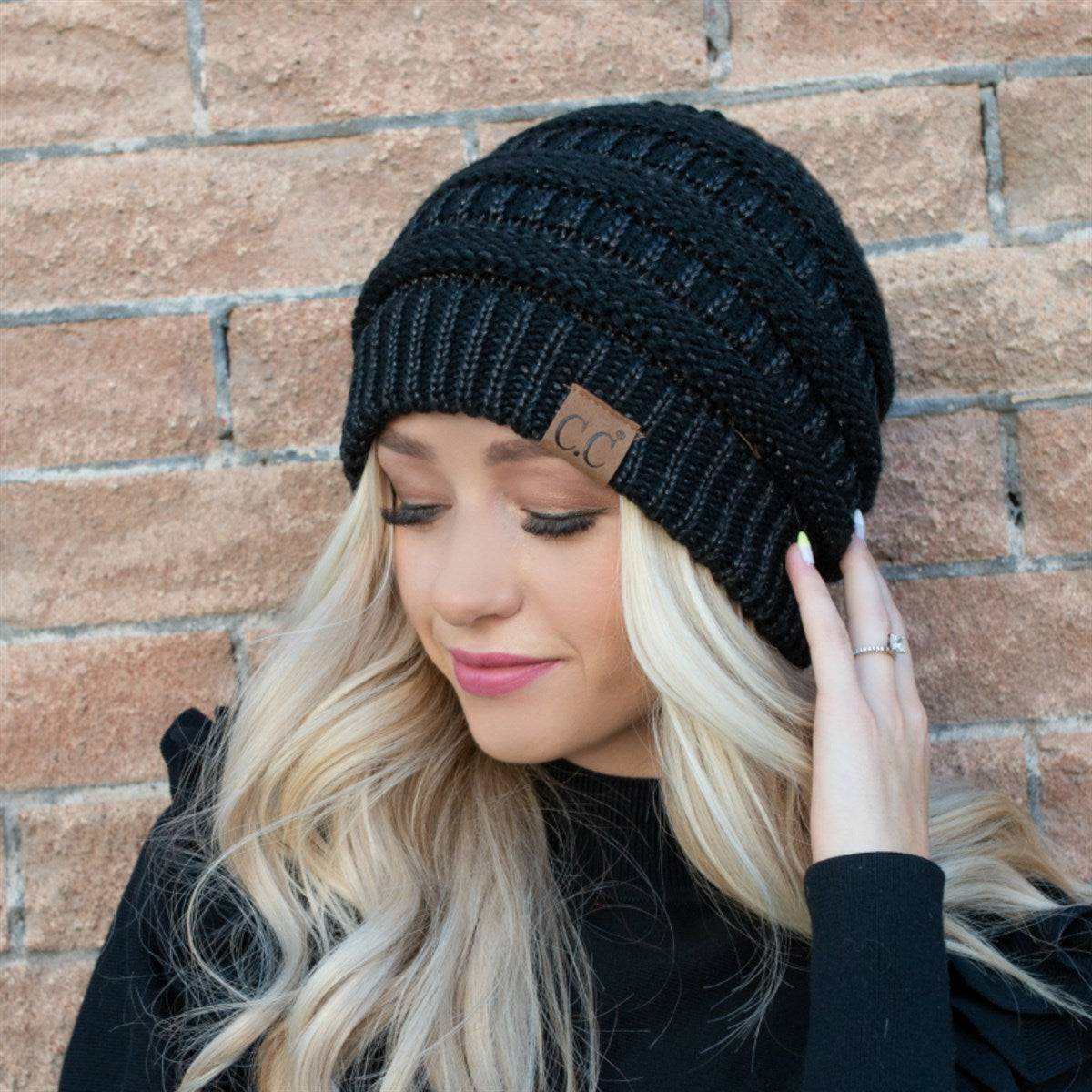 CC Cozy Metallic Cable Knit Skully Beanie in various trending colors with a stylish cable knit pattern and metallic accents.