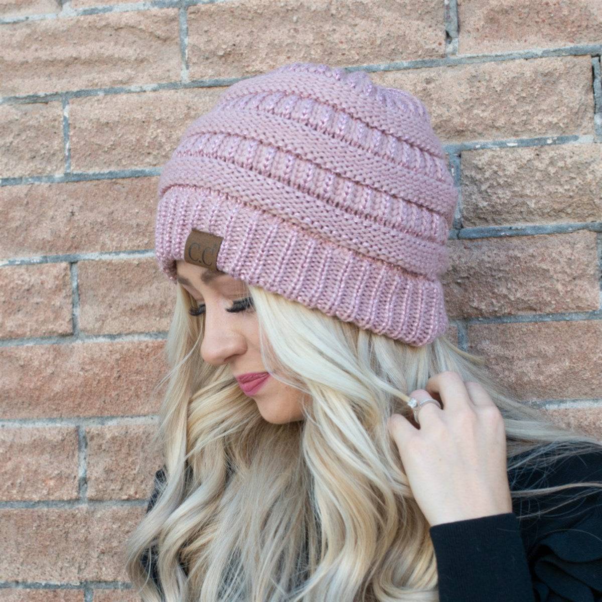 CC Cozy Metallic Cable Knit Skully Beanie in various trending colors with a stylish cable knit pattern and metallic accents.