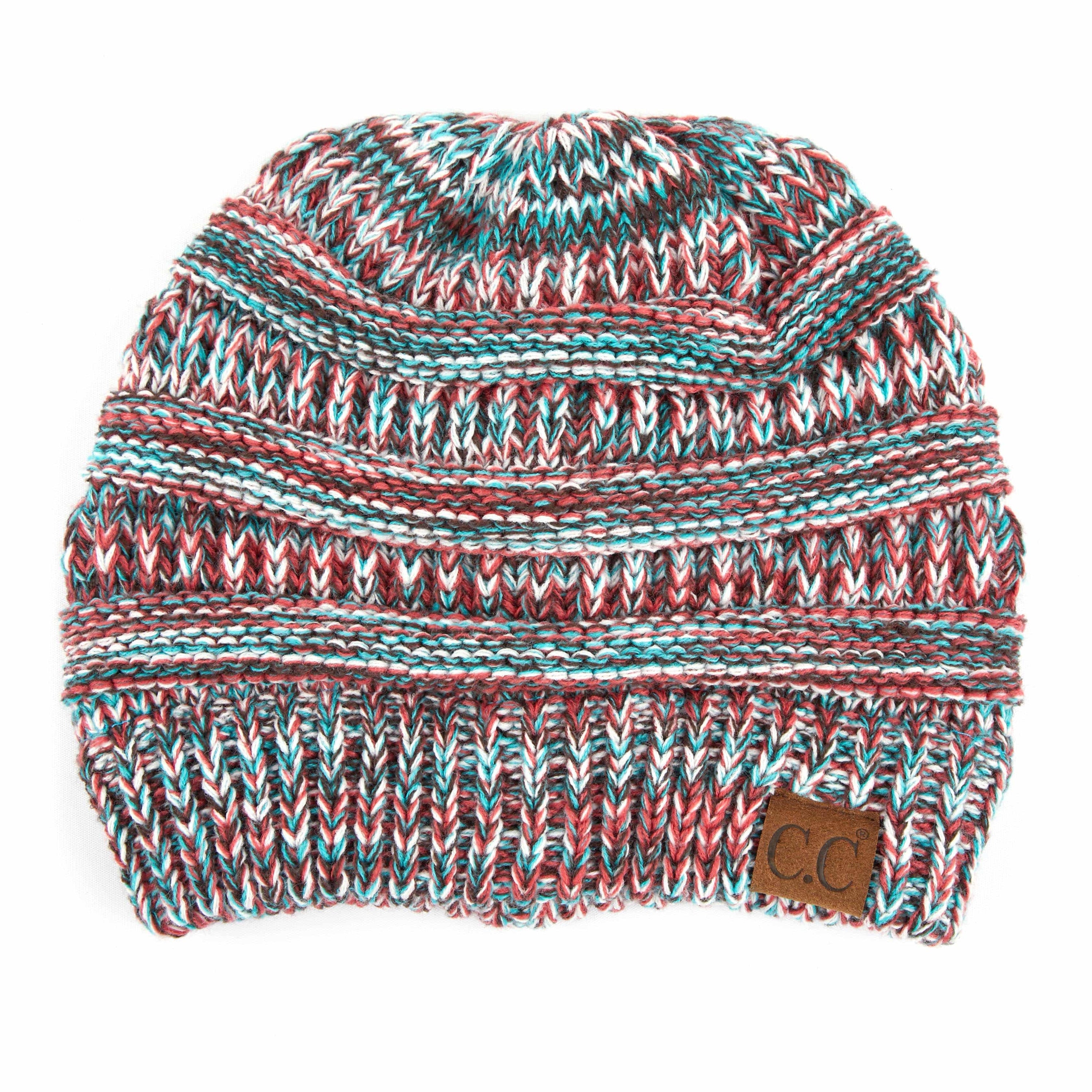 CC Crafted Multi-Color Beanies for kids and adults featuring a trendy four-tone crochet pattern, made from soft acrylic material.