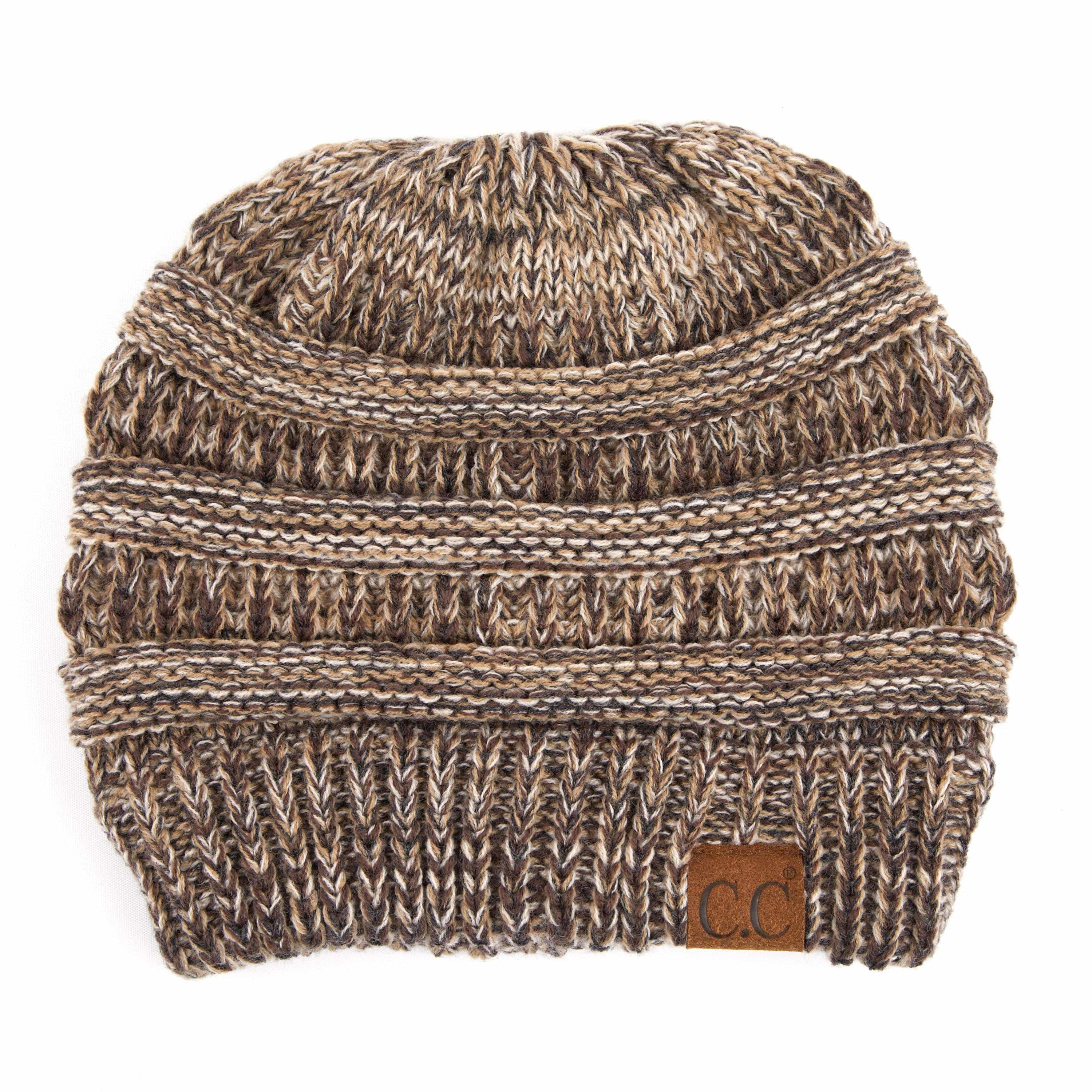 CC Crafted Multi-Color Beanies for kids and adults featuring a trendy four-tone crochet pattern, made from soft acrylic material.